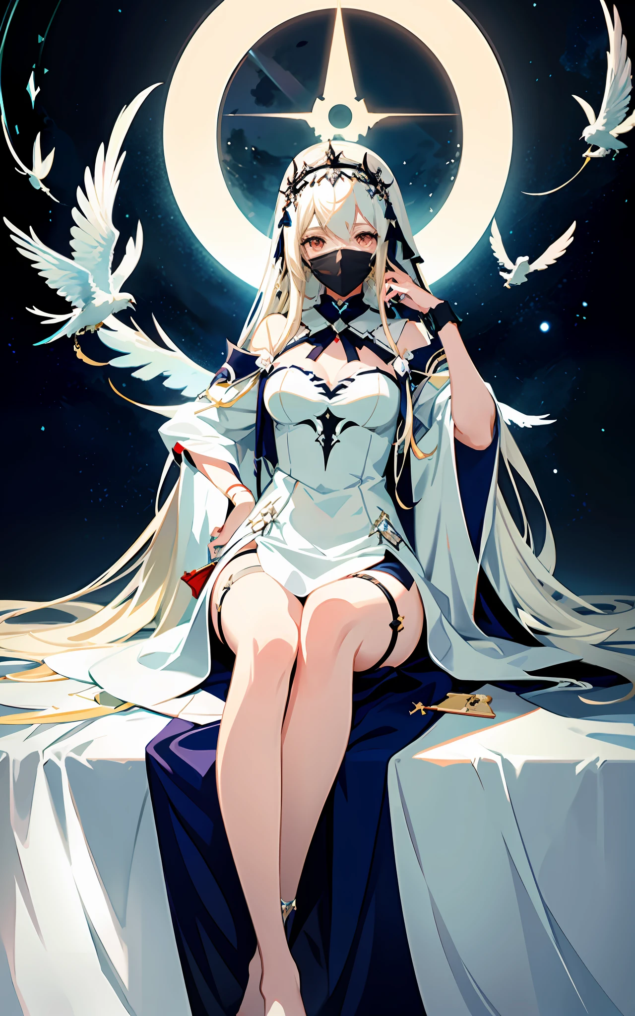 anime - style illustration of a woman in a white dress sitting on a bed, from arknights, trending on artstation pixiv, albedo from the anime overlord, albedo from overlord, ((a beautiful fantasy empress)), cushart krenz key art feminine, zerochan art, digital art on pixiv