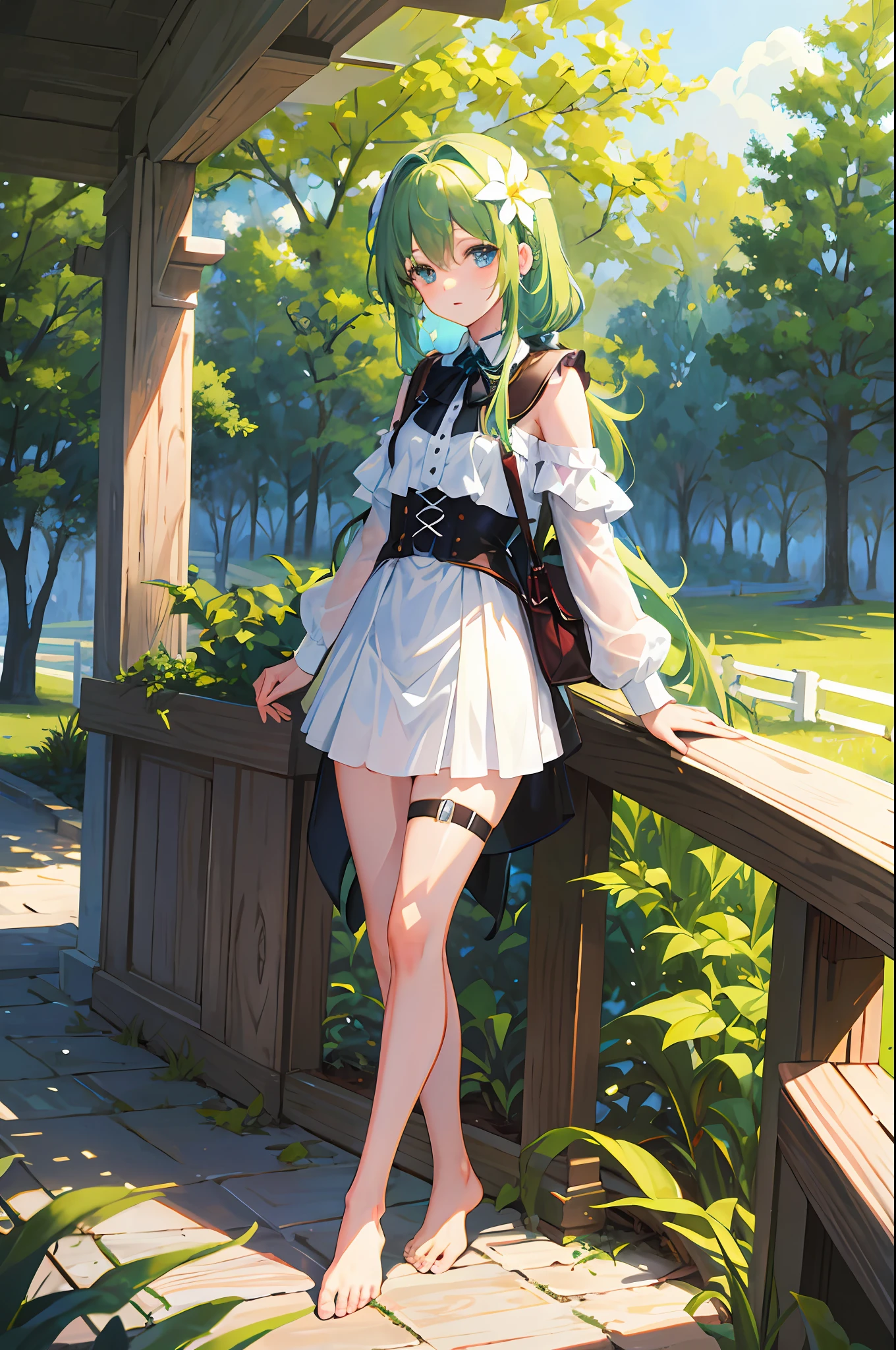 (delicately beautiful eyes and detailed face, masterpiece side light, masterpiece, best quality, detailed, high-resolution illustration), (fantasy background, village, trees, woods), knight (1girl, full body, beautiful girl, shiny skin, looking down, looking at the audience), (green hair, red eyes on the left, blue eyes on the right, underboob), (clothed_ Underbust: 1.2) 4k, nude, show figure, naked, top quality, green hair, long hair, green bangs, light green big ponytail, heterochromic pupil, left eye blue pupil, right eye red pupil, left eye blue, right eye red, left eye sapphire, right eye ruby, angel wings, head ring, white head flower, casual wear, black backpack strap, neck strap, bare foot, barefoot, single, foot ring, leg ring, flat chest, tomboy, outdoor exposed, edge rubbing