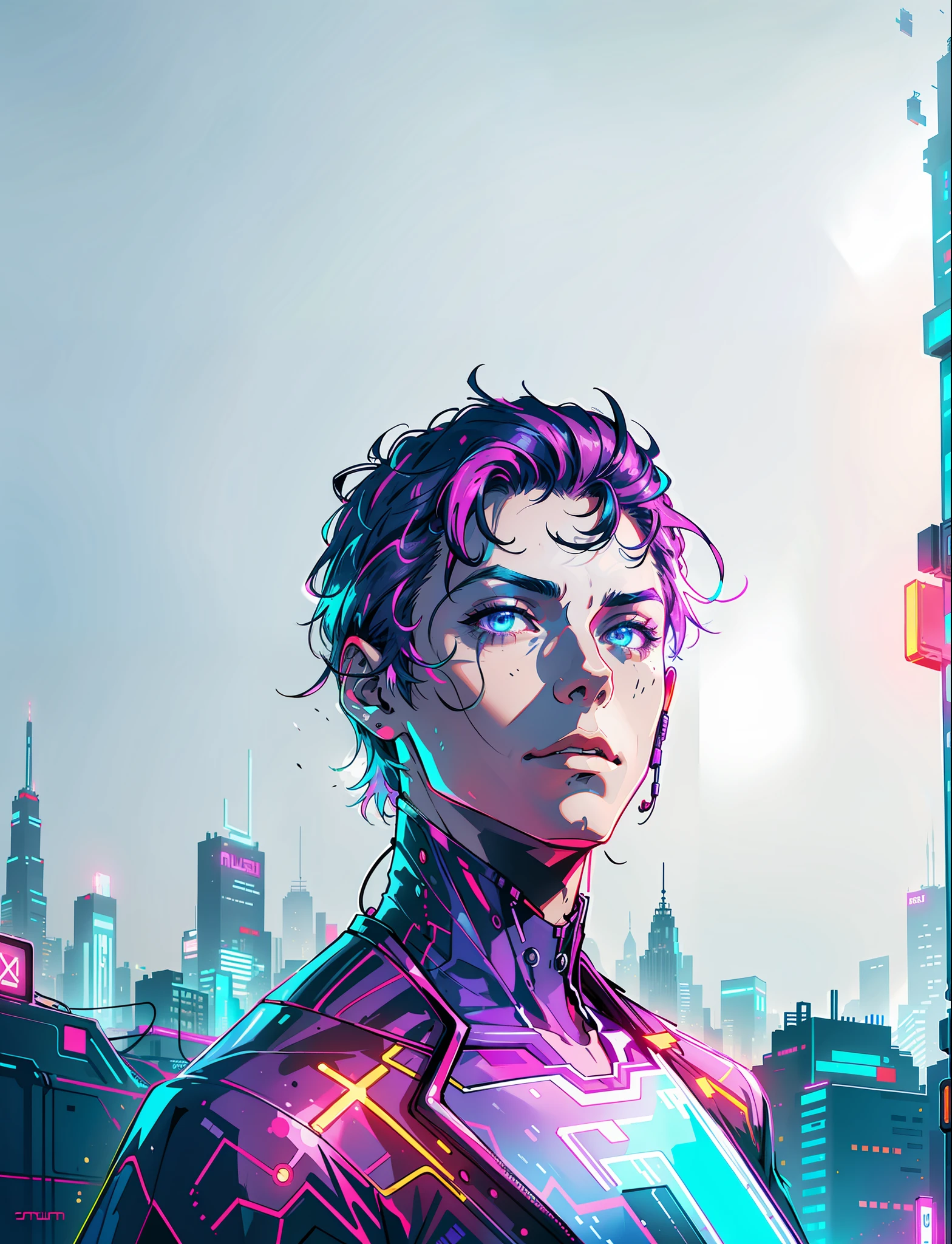 A man, solo, colorful, cyberpunk, neon, beautiful lights, purple reflections,