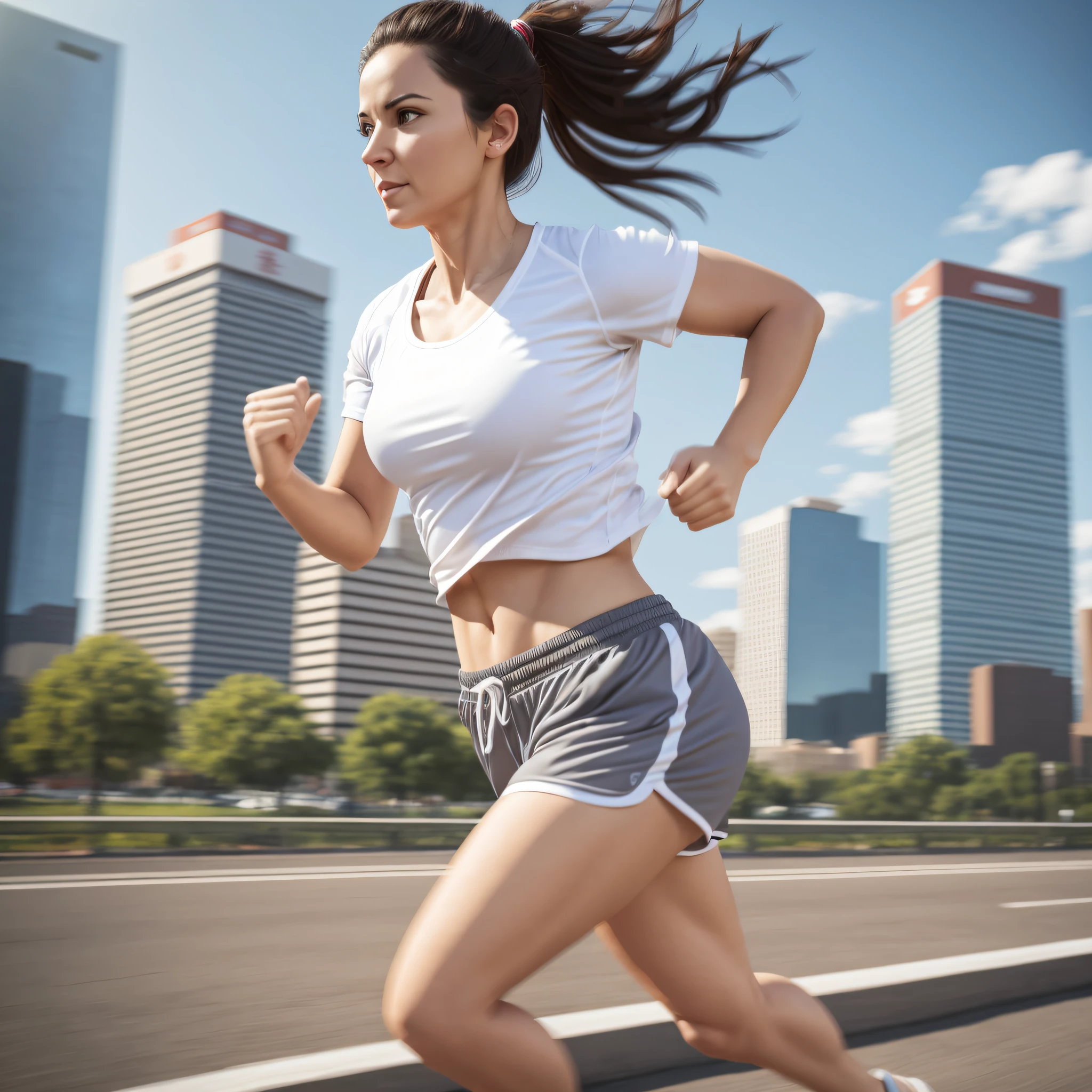 Realistic socialism, realistic photo, a 30 year old woman running slowly, upper body photo, park in background, white blurred background, wearing light gray sports short-sleeved top, sweatpants, 4K, daytime --auto --s2