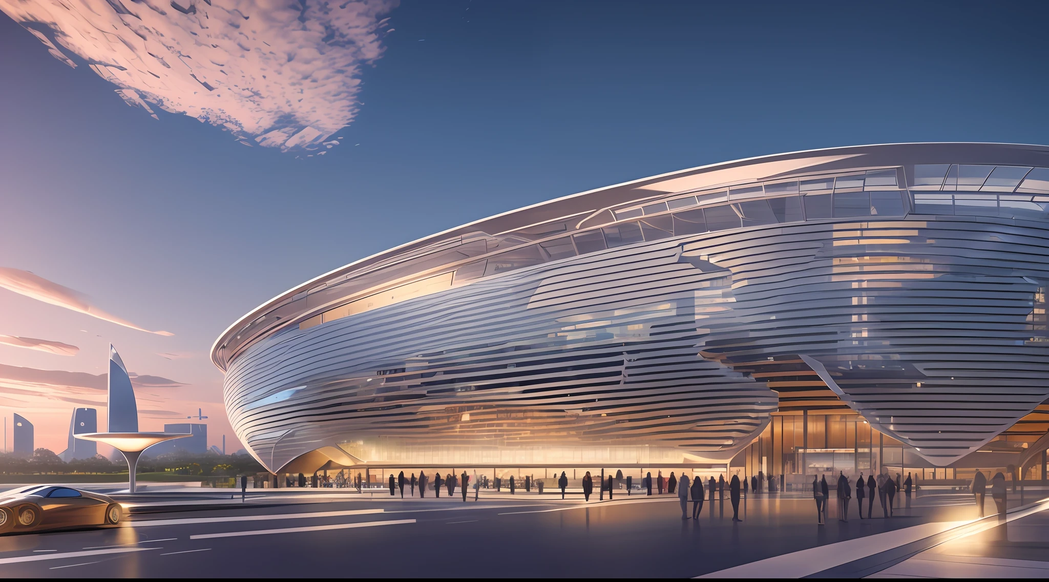 futuristic architecture visualization, giant museum, Avant-garde design, futuristic design, evening, Twinmotion Rendered, ray tracing rendered, concise, highly detailed, 8K, HDR, highest quality, sharp focus, photorealism --auto --s2