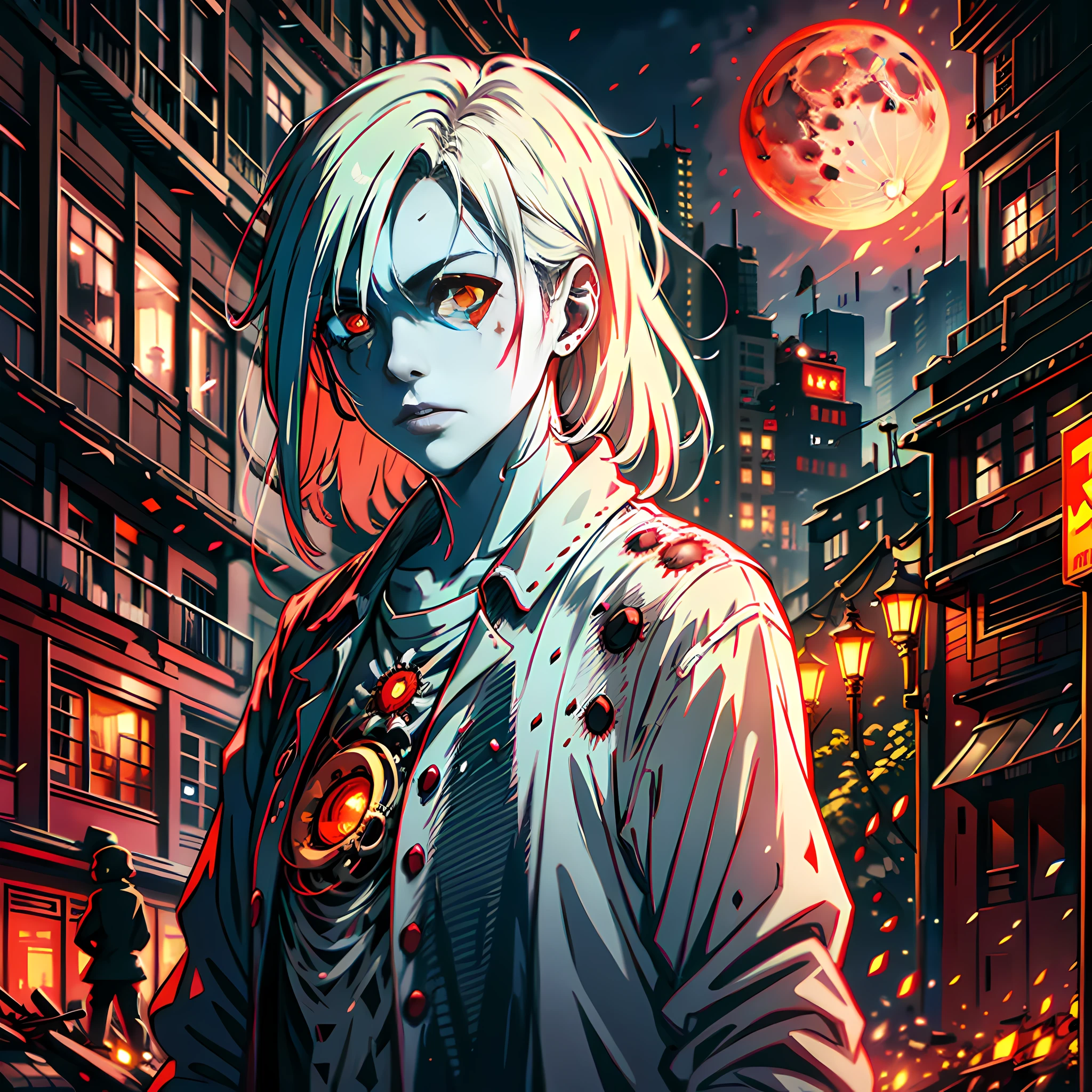 At night, on the street, red moon, there are three zombies, white eyes, no blood, rubble, firelight, ruins, super high detail, high realism, 4K, chiaroscuro, super high detail