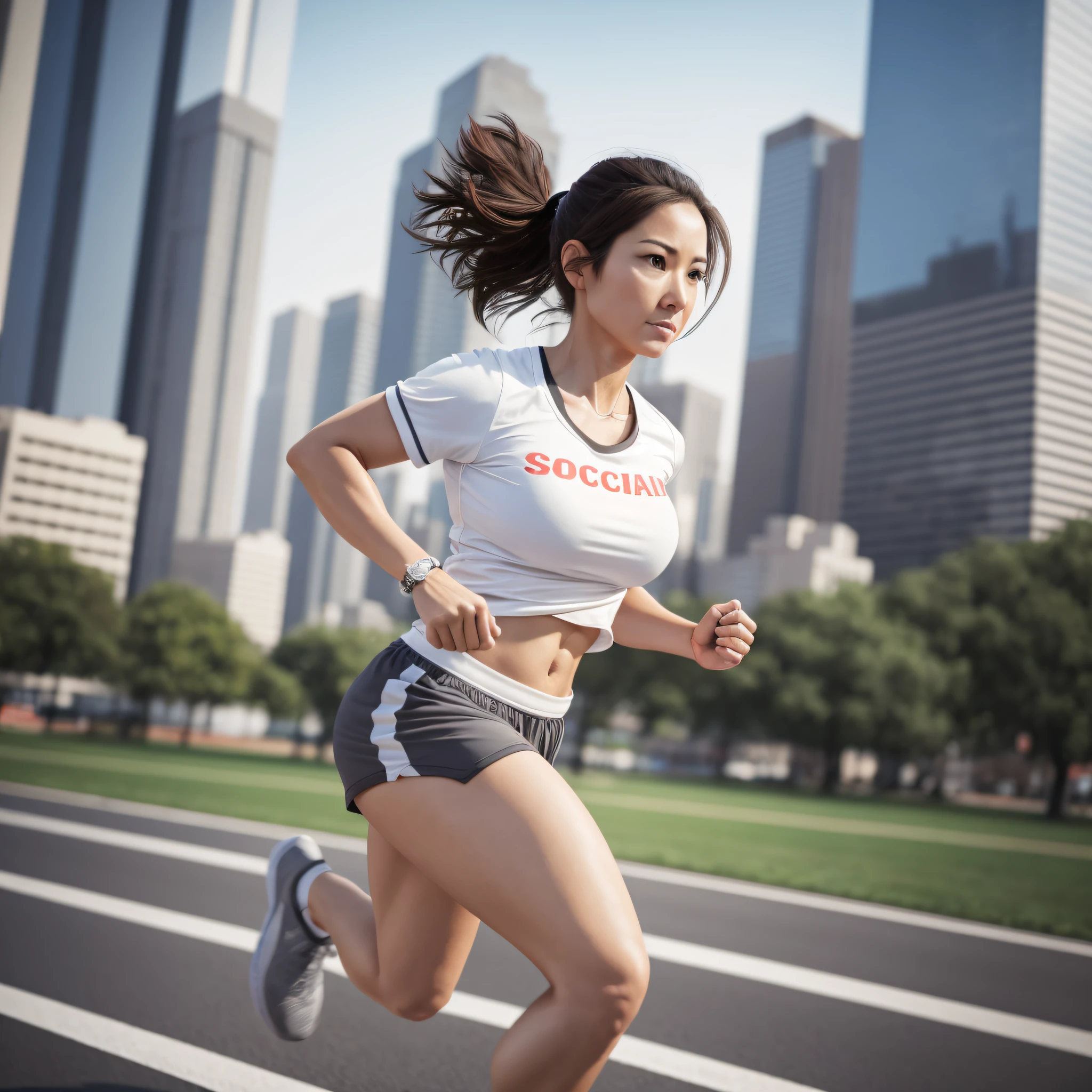 Realistic socialism, realistic photo, a 30 year old woman running, upper body photo, park in background, white blurred background, wearing light gray sport short-sleeved top, sweatpants, 4K, daytime --auto --s2
