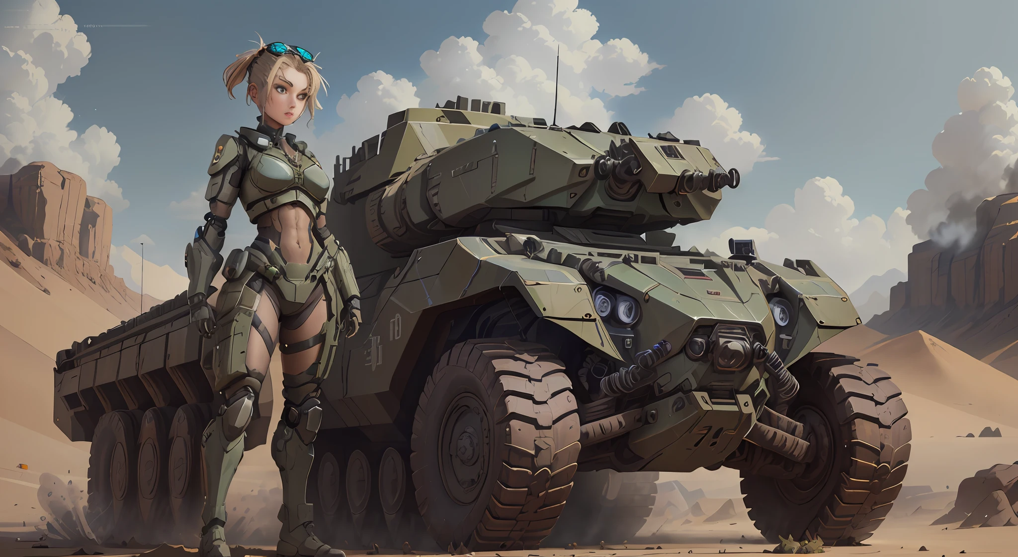 (Desert Woman, Military Vehicle, Mechanized Soldier Girl + Mecha Network Armor + Mechanized Art Concept: 1.2, Sci-Fi Military Armor), wojtek fus, 4,000 pixel HD detail digital art, (high quality + concept art wallpaper: 1.1), (Mechanized Valkyrie girl + Digital Art Concept: 1.2)