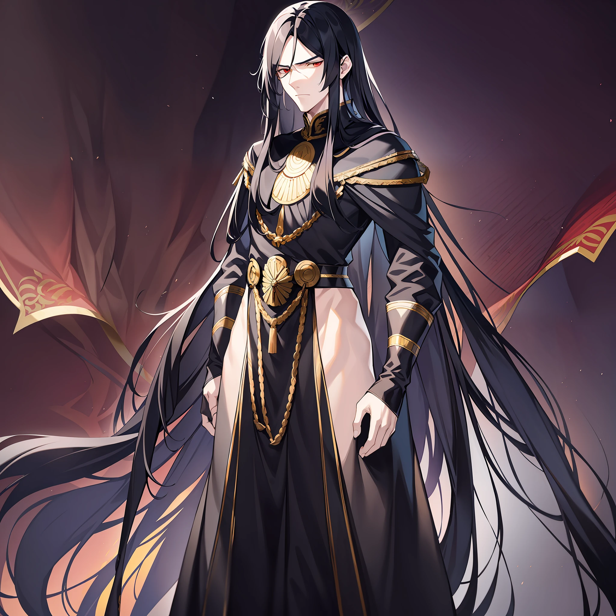 An emperor with long black hair and ancient costume. His posture is tall, and his temperament is arrogant and cold. Long black hair casually hung down on his shoulders, his eyes were cold and proud, and his entire face was shrouded in a layer of mystery. The costumes on his body are gorgeous, but they highlight his mystery and cruelty.
