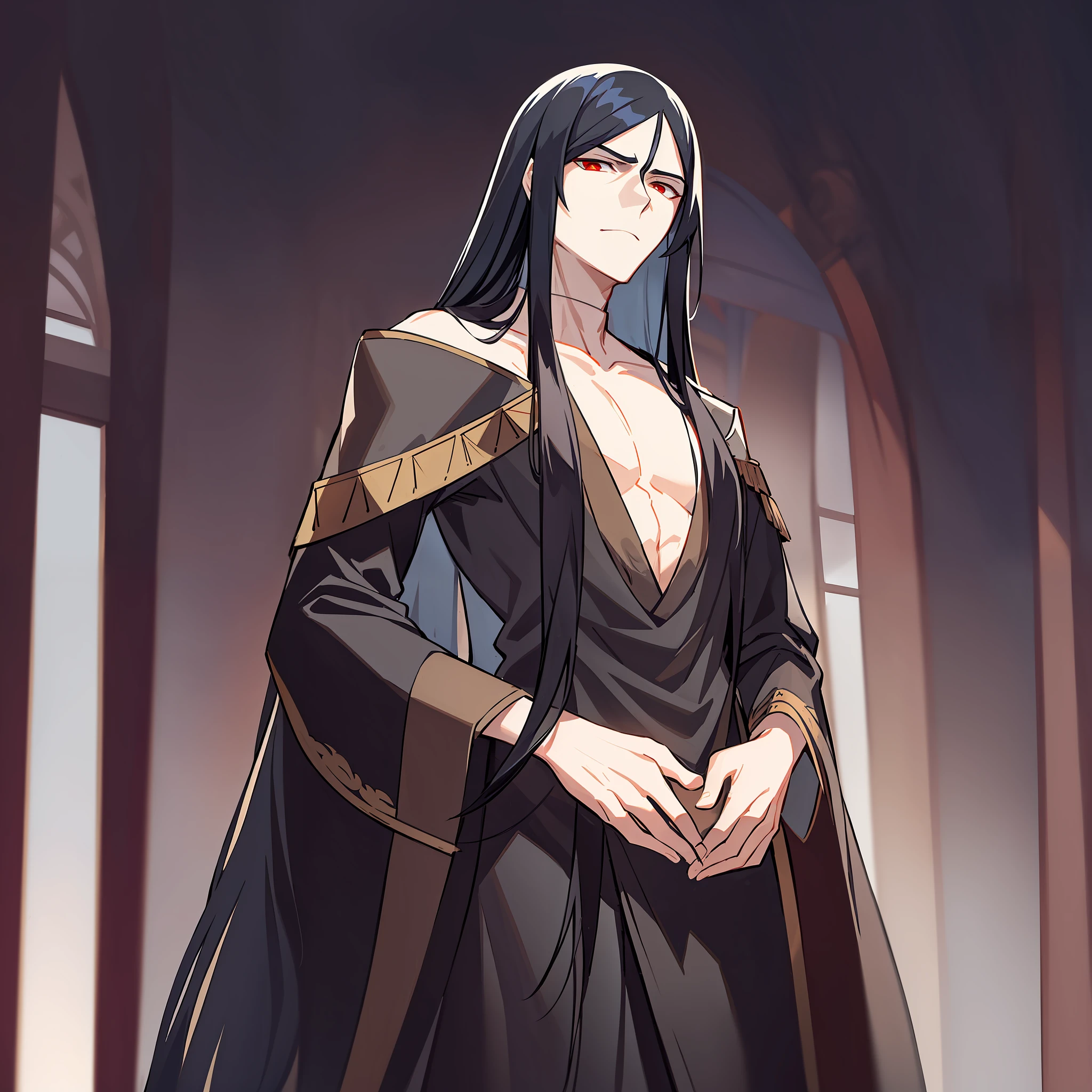 An emperor with long black hair and ancient costume. His posture is tall, and his temperament is arrogant and cold. Long black hair casually hung down on his shoulders, his eyes were cold and proud, and his entire face was shrouded in a layer of mystery. The costumes on his body are gorgeous, but they highlight his mystery and cruelty.