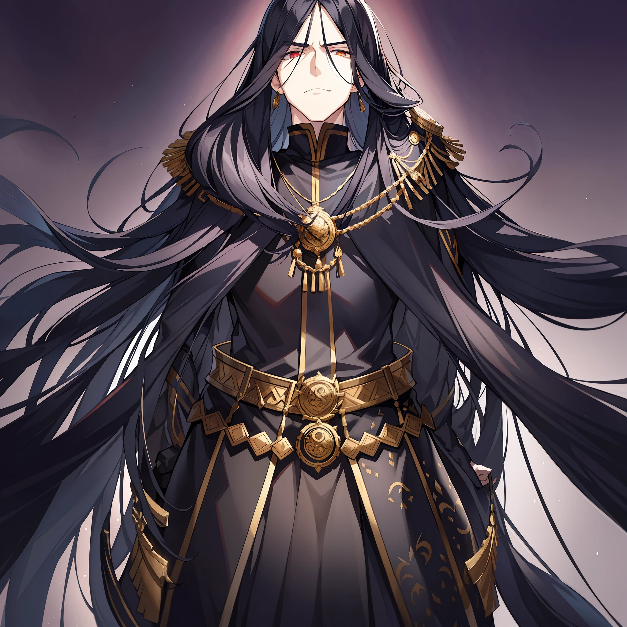 An emperor with long black hair and ancient costume. His posture is tall, and his temperament is arrogant and cold. Long black hair casually hung down on his shoulders, his eyes were cold and proud, and his entire face was shrouded in a layer of mystery. The costumes on his body are gorgeous, but they highlight his mystery and cruelty.