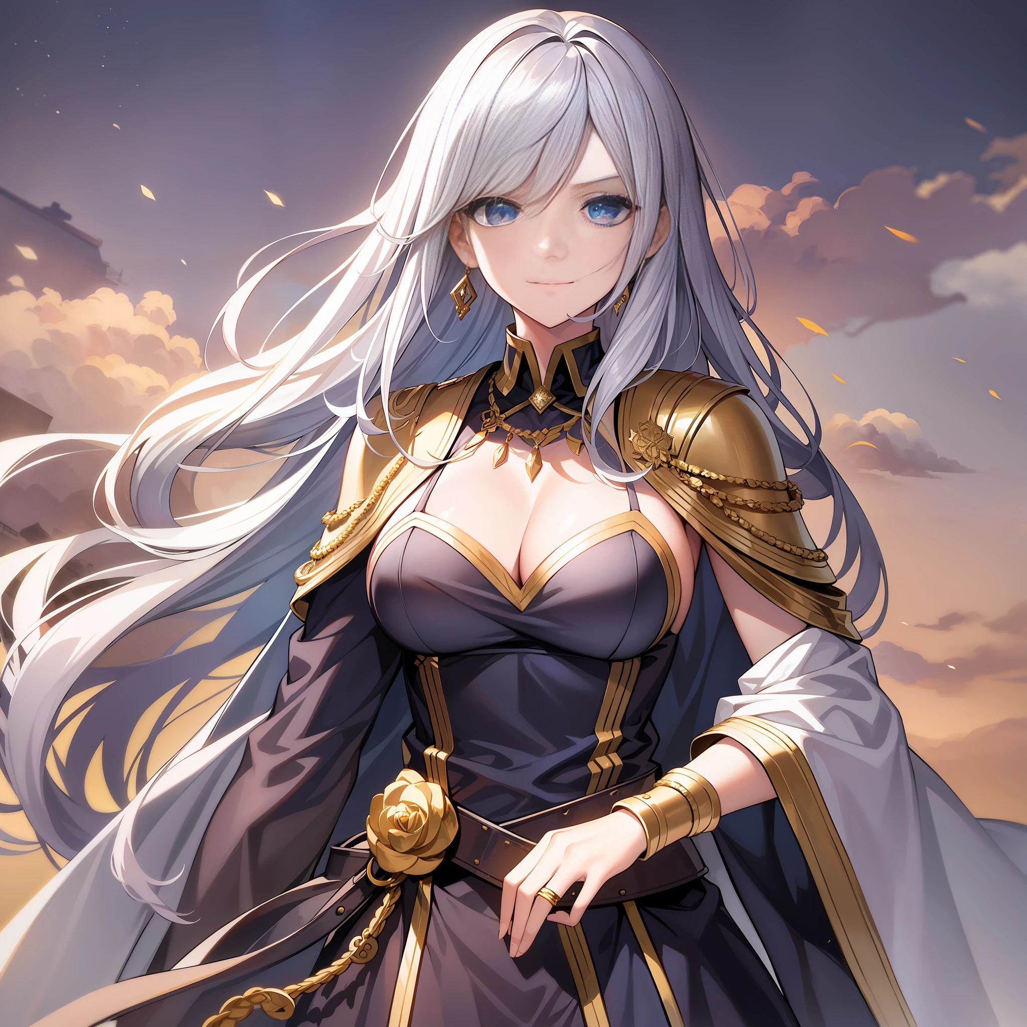 Character expressions: arrogant, indifferent, sharp eyes, slightly raised corners of the mouth
Hairstyle and color: long silver-white hair shawl, slightly curly
Style and colour: Dark grey robe with gold embroidery at the cuffs and hem, and a silk belt around the waist
Accessories on the figure: earrings paired with necklace, set with pearls, gold bracelets on wrists and gold rings between fingers
Character posture: Pacing gracefully, with his right hand lightly supporting the belt around his waist, and his left hand on his robe, with a calm and unhurried attitude
Environment: On the fortified city wall, standing on a high place and watching the battlefield ahead, thousands of troops are fighting fiercely in front of you
Atmosphere: tense and full of fighting spirit
Environmental characteristics: The protagonist stands on the city wall, overlooking the battlefield, seemingly calm, but thinking about the battle situation in his heart
Ambient time: Dusk
Remarks: The aura exuded by this female emperor is noble and cold, with a touch of erratic elegance. Her expression was imperceptible, but she smiled when she looked down on the battlefield, as if she was confident that she would win.