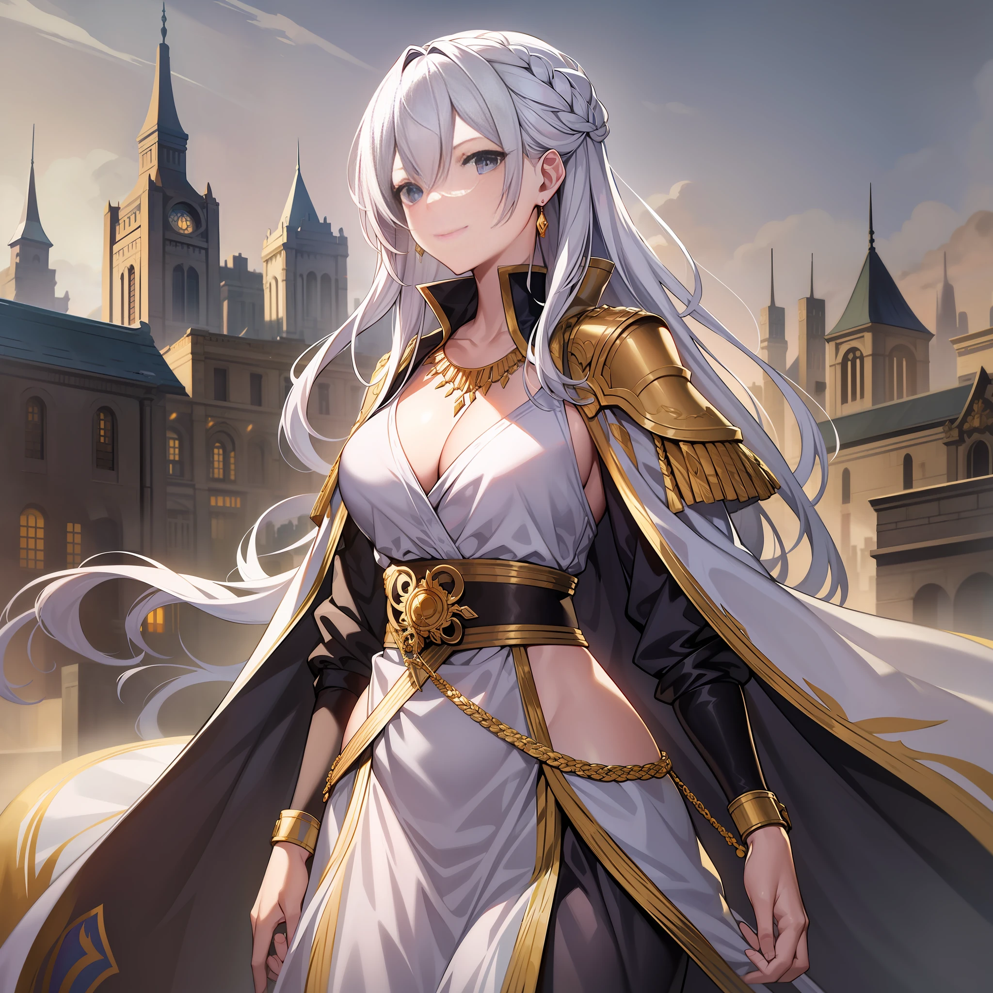 Character expressions: arrogant, indifferent, sharp eyes, slightly raised corners of the mouth
Hairstyle and color: long silver-white hair shawl, slightly curly
Style and colour: Dark grey robe with gold embroidery at the cuffs and hem, and a silk belt around the waist
Accessories on the figure: earrings paired with necklace, set with pearls, gold bracelets on wrists and gold rings between fingers
Character posture: Pacing gracefully, with his right hand lightly supporting the belt around his waist, and his left hand on his robe, with a calm and unhurried attitude
Environment: On the fortified city wall, standing on a high place and watching the battlefield ahead, thousands of troops are fighting fiercely in front of you
Atmosphere: tense and full of fighting spirit
Environmental characteristics: The protagonist stands on the city wall, overlooking the battlefield, seemingly calm, but thinking about the battle situation in his heart
Ambient time: Dusk
Remarks: The aura exuded by this female emperor is noble and cold, with a touch of erratic elegance. Her expression was imperceptible, but she smiled when she looked down on the battlefield, as if she was confident that she would win.