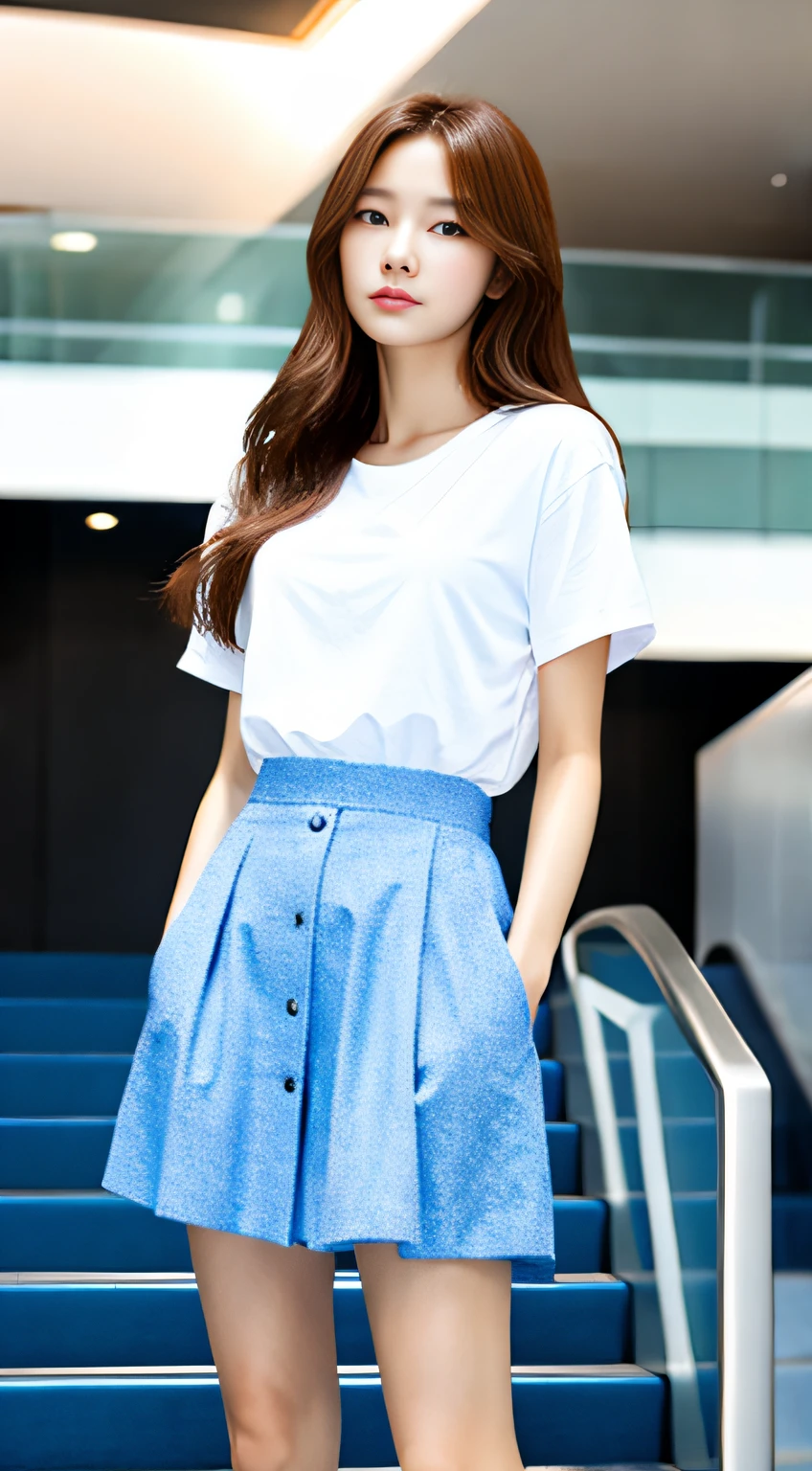 [Person, Perfect Figure: 0.96, Big Breasts: 1.65, Brown Hair: 0.6, Female: 0.65, Slimming Face: 1.12, Star Face: 0.61, Medium Long Hair, Thin Waist: 1.2], [Background in Mall, Standing, Indoors, Background Escalator, Background Shelf, Soft Light], [White T-Shirt: 1.1], [175mm, Realistic Lighting: 0.65, Clear Focus: 1.1, Heads-Up, Full Body: 1.1], [Ultra HD, Retina Screen, Masterpiece, Accurate, Anatomically correct: 1.2, Skin texture: 0.65, Very detailed: 1.3, Detailed face: 1.2, High detail: 1.2, High quality, Best quality, High resolution, 8k, Wallpaper]