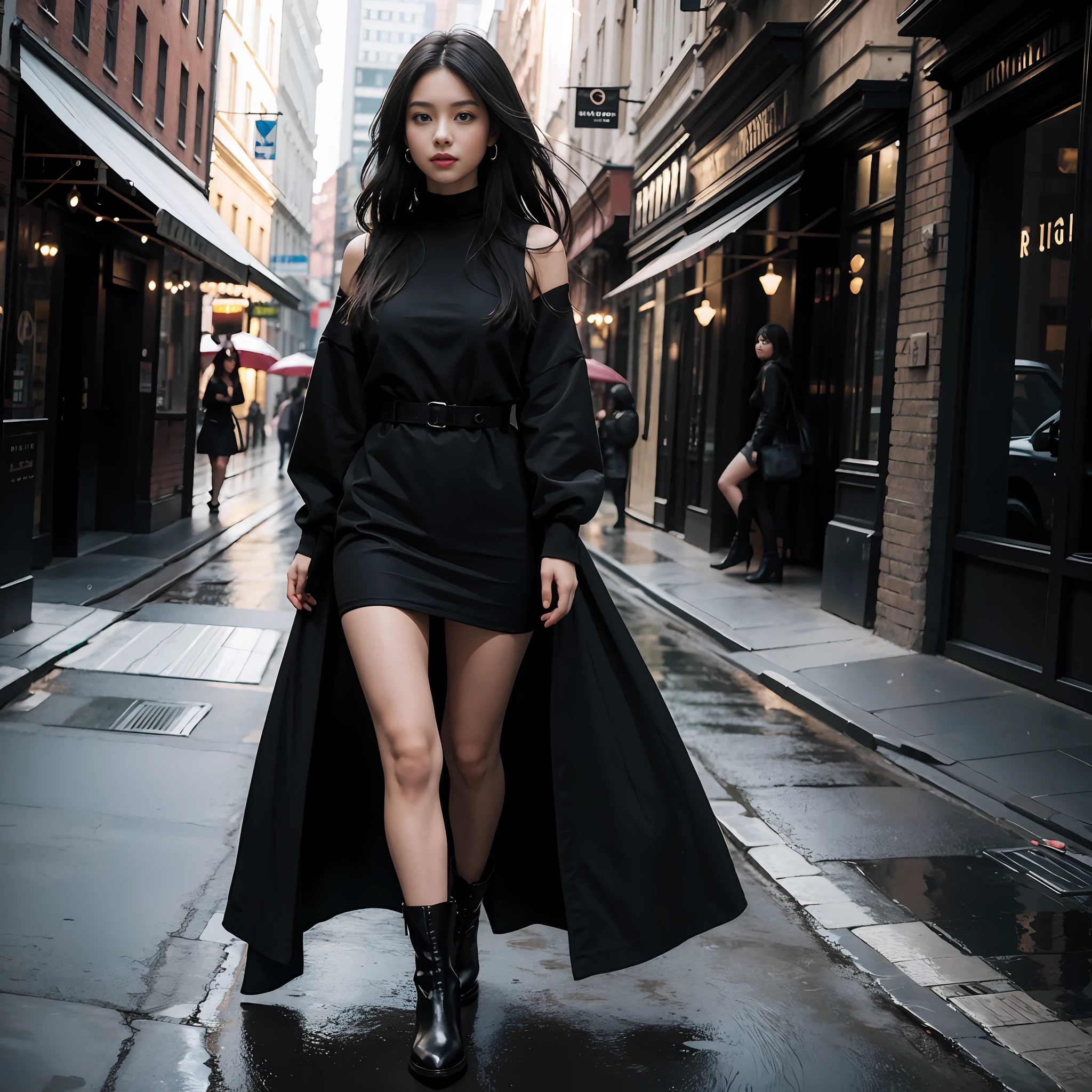 A girl, black dress, (black booties: 1.3), masterpiece, 4k, 8k, fine details, super high resolution, best quality, hd, complex details, large file size, amazing, depth of field, natural shadows, (85mm, f/1.4, iso 200, 1/600:0.75), cute, charming eyes, thin waist, extreme detail description, beautiful, charming, delicate face, full body, standing
