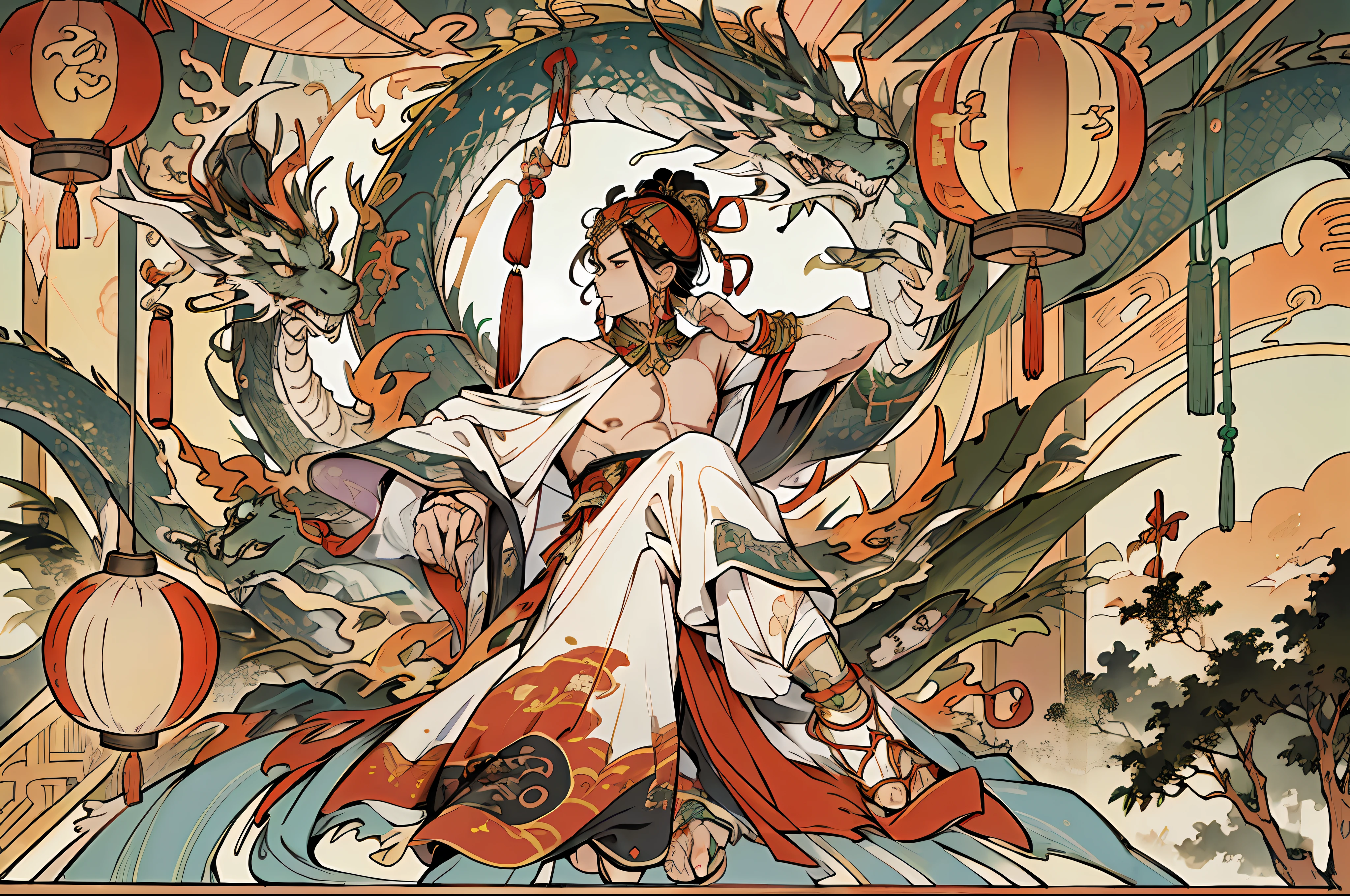 best quality, 4K, solo, (anime: 1.2), (big nipple: 1.2), male, (juvenile: 1.2), with a Chinese dragon horn on the head, earrings on the ears, bracelets on the wrists, (metal ankle rings on the ankles: 0.8), ancient Chinese style, (upper body: 0.3), (bare shoulder: 0.8), long hair, (fair skin: 1.5), Dance movements