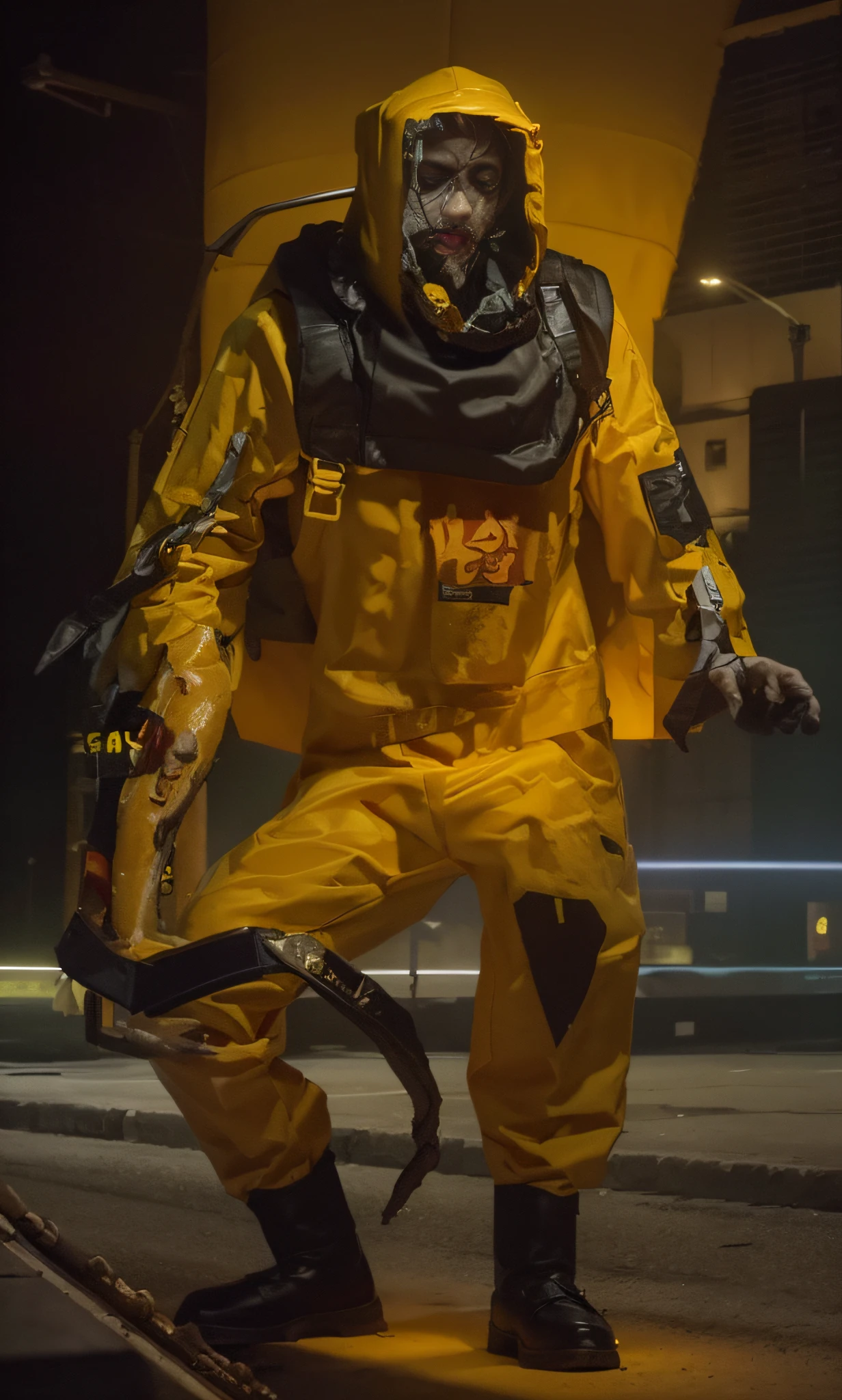 1 zombie, a zombie in a yellow radiation protection suit, one hand is a tentacle, night scene, a street lamp shining on the edge of the character in the upper left, terrifying face, rough skin, upper body, close-up, 8k, RAW photo, best picture quality, masterpiece, realism,