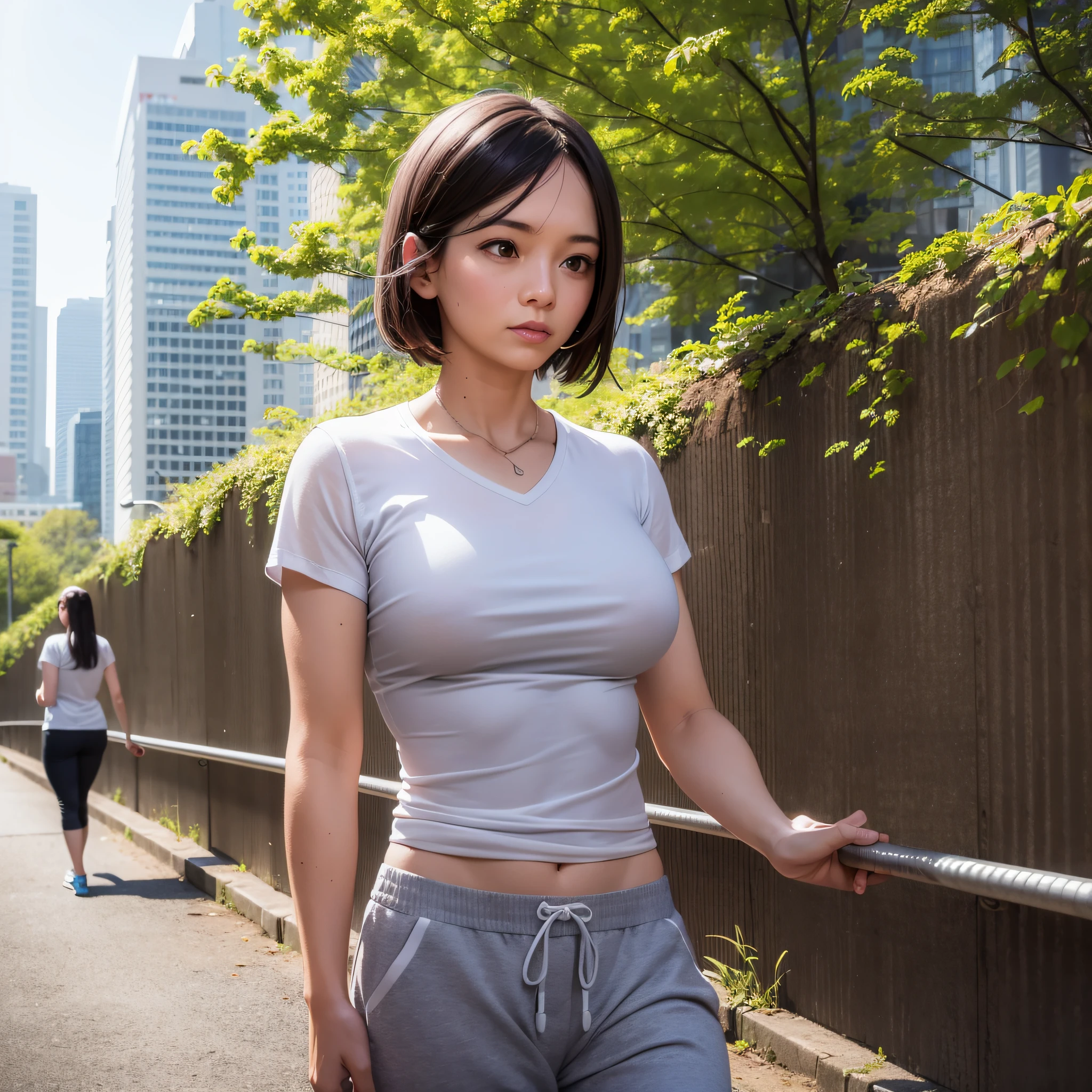 Realistic socialism, realistic photo, a 30 year old woman walking, upper body photo, park in background, white blurred background, wearing light gray sport short-sleeved top, sweatpants, 4K, daytime --auto --s2