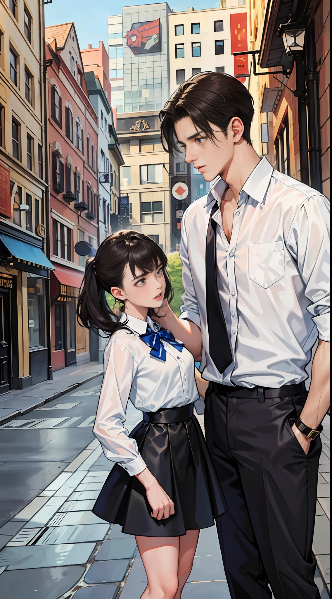 Shown is a man and a woman, handsome, 20 years old, suit, white shirt, a woman wearing a skirt, height difference, girl in tears