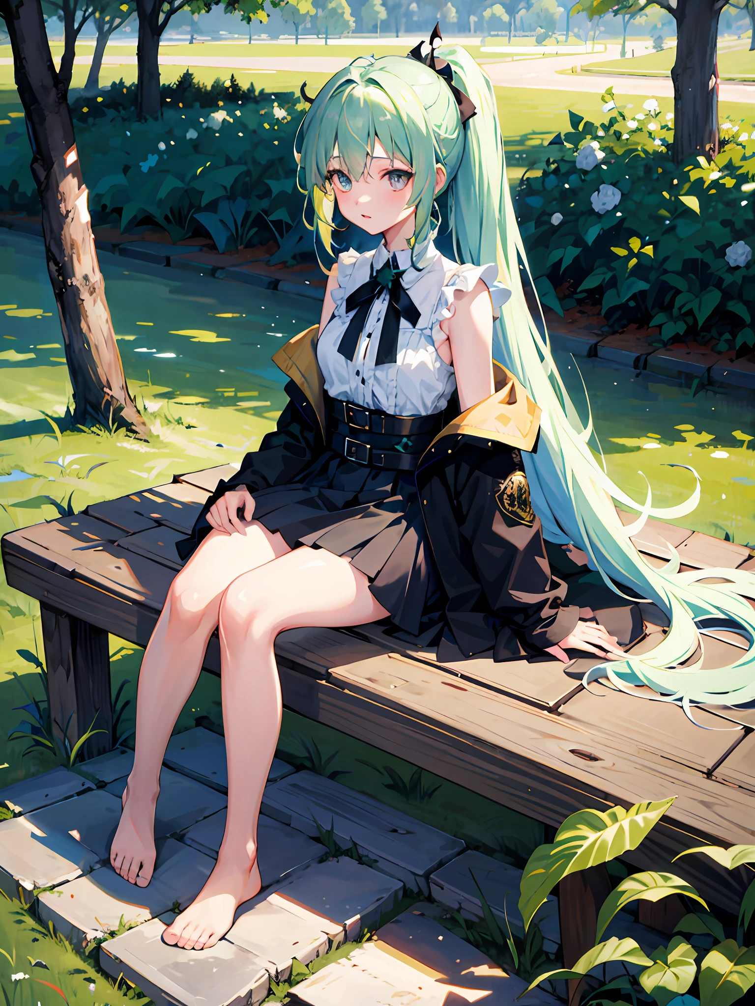(delicately beautiful eyes and detailed face, masterpiece side light, masterpiece, best quality, detailed, high-resolution illustration), (fantasy background, village, trees, woods), knight (1girl, full body, beautiful girl, shiny skin, looking down, looking at the audience), (green hair, red eyes on the left, blue eyes on the right, underboob), (clothed_ Underbust: 1.2) 4k, nude, show figure, naked, top quality, green hair, long hair, green bangs, light green big ponytail, heterochromic pupil, left eye blue pupil, right eye red pupil, left eye blue, right eye red, left eye sapphire, right eye ruby, angel wings, head ring, white head flower, casual wear, black backpack strap, neck strap, bare foot, barefoot, single, foot ring, leg ring, flat chest, tomboy, outdoor exposed, edge rubbing