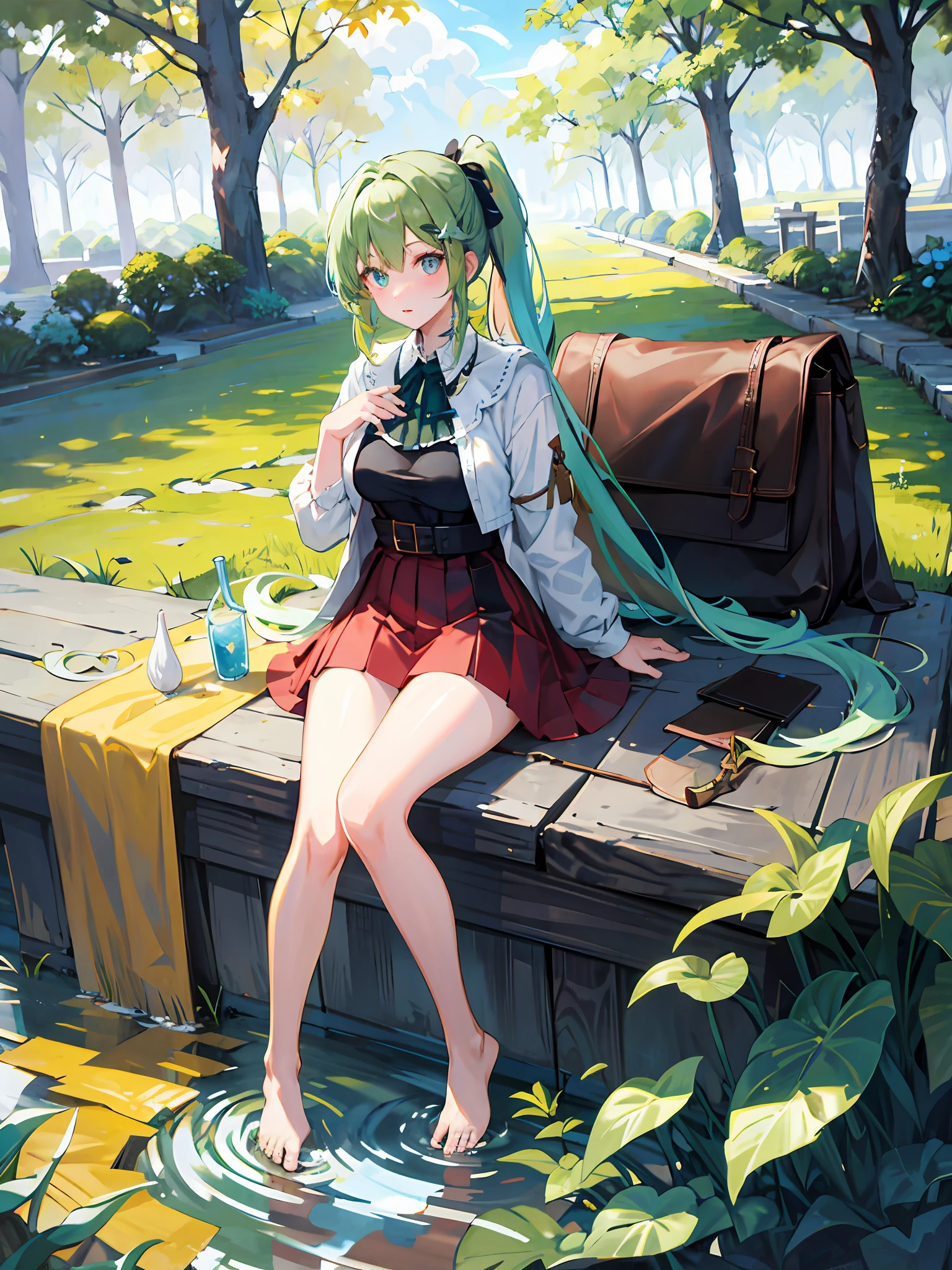 (delicately beautiful eyes and detailed face, masterpiece side light, masterpiece, best quality, detailed, high-resolution illustration), (fantasy background, village, trees, woods), knight (1girl, full body, beautiful girl, shiny skin, looking down, looking at the audience), (green hair, red eyes on the left, blue eyes on the right, underboob), (clothed_ Underbust: 1.2) 4k, nude, show figure, naked, top quality, green hair, long hair, green bangs, light green big ponytail, heterochromic pupil, left eye blue pupil, right eye red pupil, left eye blue, right eye red, left eye sapphire, right eye ruby, angel wings, head ring, white head flower, casual wear, black backpack strap, neck strap, bare foot, barefoot, single, foot ring, leg ring, flat chest, tomboy, outdoor exposed, edge rubbing
