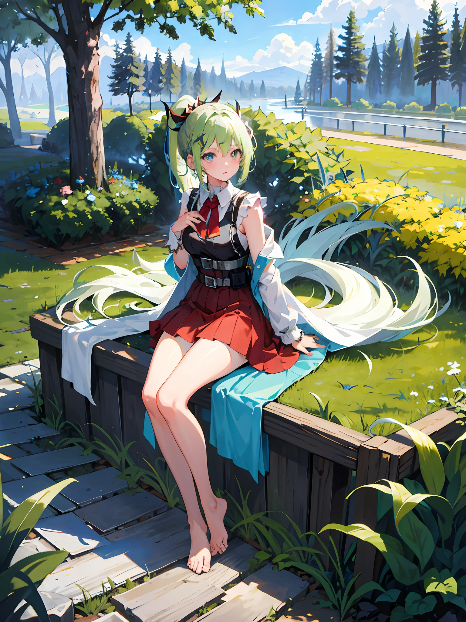 (delicately beautiful eyes and detailed face, masterpiece side light, masterpiece, best quality, detailed, high-resolution illustration), (fantasy background, village, trees, woods), knight (1girl, full body, beautiful girl, shiny skin, looking down, looking at the audience), (green hair, red eyes on the left, blue eyes on the right, underboob), (clothed_ Underbust: 1.2) 4k, nude, show figure, naked, top quality, green hair, long hair, green bangs, light green big ponytail, heterochromic pupil, left eye blue pupil, right eye red pupil, left eye blue, right eye red, left eye sapphire, right eye ruby, angel wings, head ring, white head flower, casual wear, black backpack strap, neck strap, bare foot, barefoot, single, foot ring, leg ring, flat chest, tomboy, outdoor exposed, edge rubbing