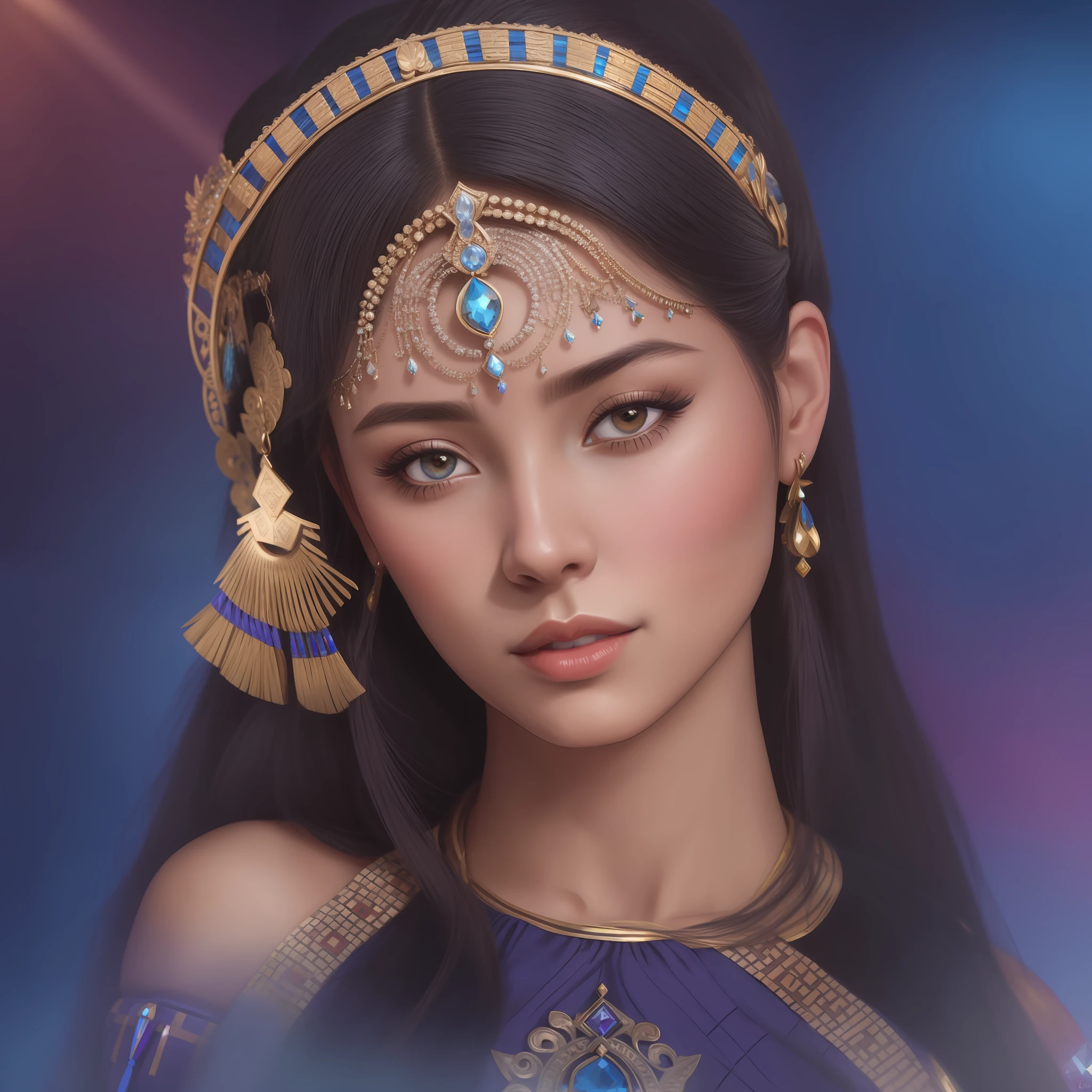 arafed woman with a head piece and a blue dress, aztec princess portrait, egyptian princess, portrait of modern darna, ancient libu princess, cgsociety portrait, a stunning young ethereal figure, beautiful fantasy portrait, a stunning portrait of a goddess, goddess close-up portrait, cleopatra portrait, a young woman as genghis khan, portrait of a beautiful goddess