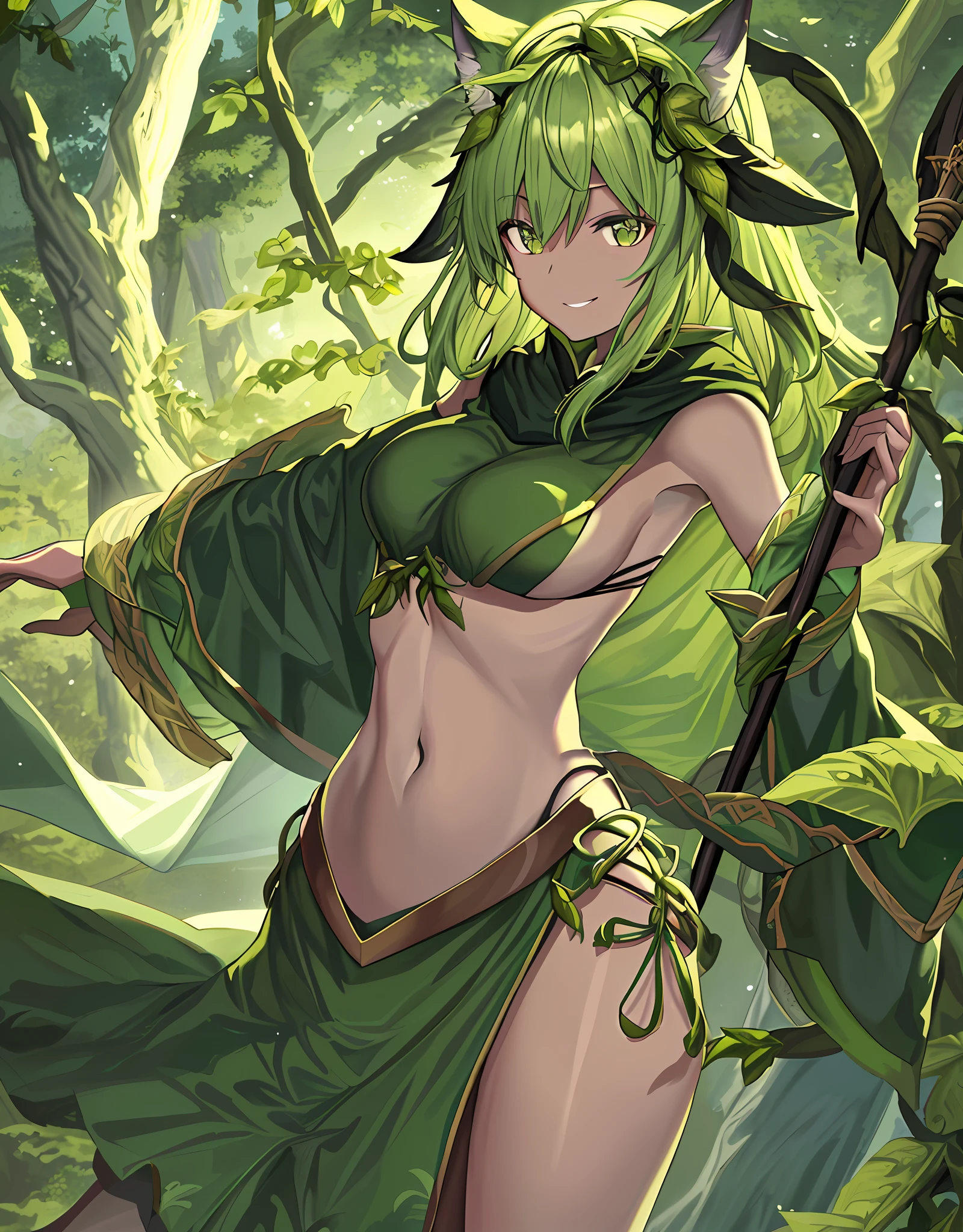ファンタジー, 1forest_elemental_girl, 格闘, (using_leaves_clothes, green_leaves_covered_breasts, leaves_covered_pussy)+++,big_tits,dynamic_pose_standing, light_smile, 眠い, medium_hair, へそ,(dark_skin)+, オイル, (winding_vine_around_torso)++, (ふっくらと)+,森, trees_background, leaves_headgear, green_leaves_cape, hold_large_long_staff, 太もも,