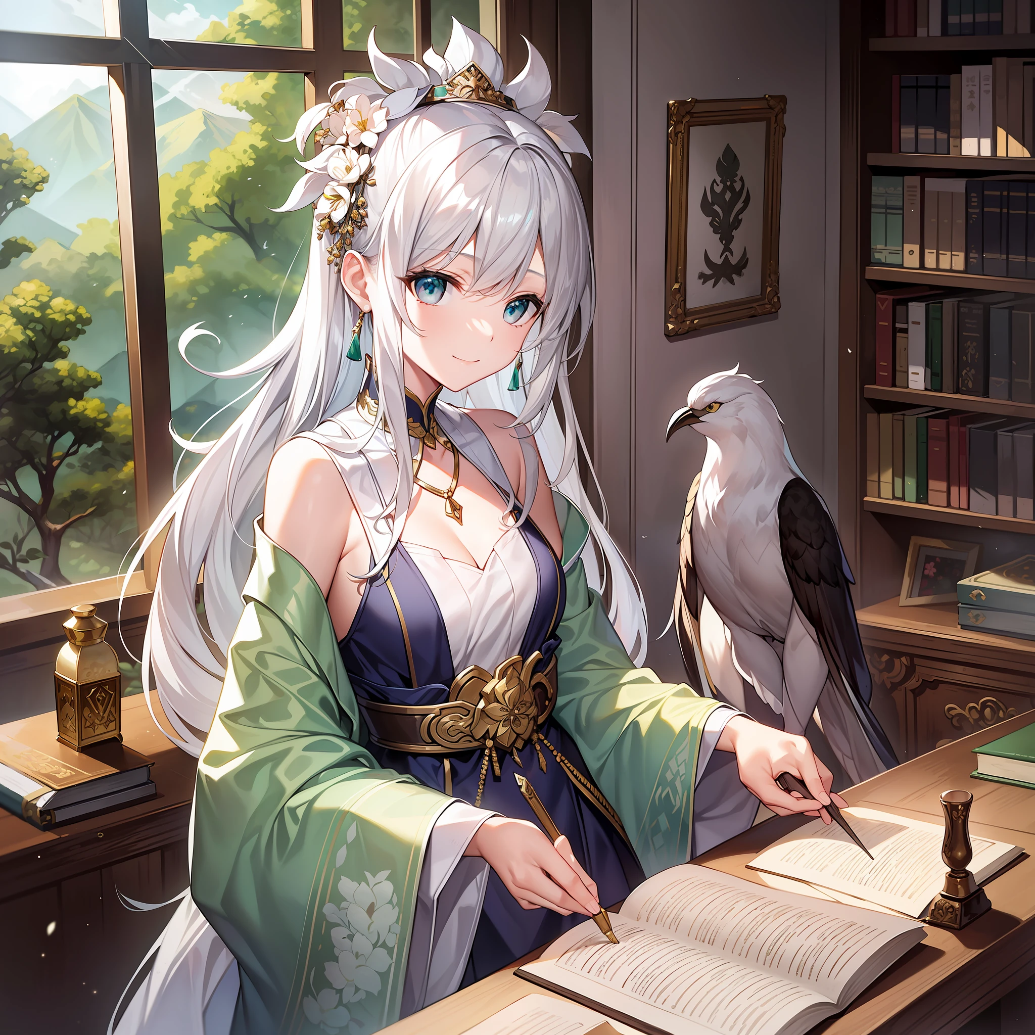 Character expressions: gentle, attentive, bright eyes
Hairstyle and color: Long silver-white hair is loose and slightly curly
Clothing style and color: wearing a pale green robe with a fresh petal pattern and a white belt around the waist.
Accessories on the figure: a small phoenix headdress on his head, a silver necklace around his neck, and small emerald earrings on his ears
Character pose: immersed in calligraphy, holding the brush in the right hand and flicking the pages with the left hand, focused and happy.
The environment: a clean and elegant study with a few ancient books on the table, the blue of distant mountains outside the window, white clouds dotted, and occasional birds circling.
Atmosphere: serene and laid-back
Environmental characteristics: the study exudes a faint earthy atmosphere, the fragrance of books is overflowing, and there are several inky calligraphy and paintings hanging on the wall.
Ambient time: noon
Note: This female emperor exudes a fresh and refined temperament, and her wise eyes and friendly smile make people feel very comfortable. She loves calligraphy and literature and is fascinated by the fragrance of books. Standing in the study, it seems that the whole world is quiet and comfortable, and despite the noise and noise outside, she can concentrate on the things she likes.
