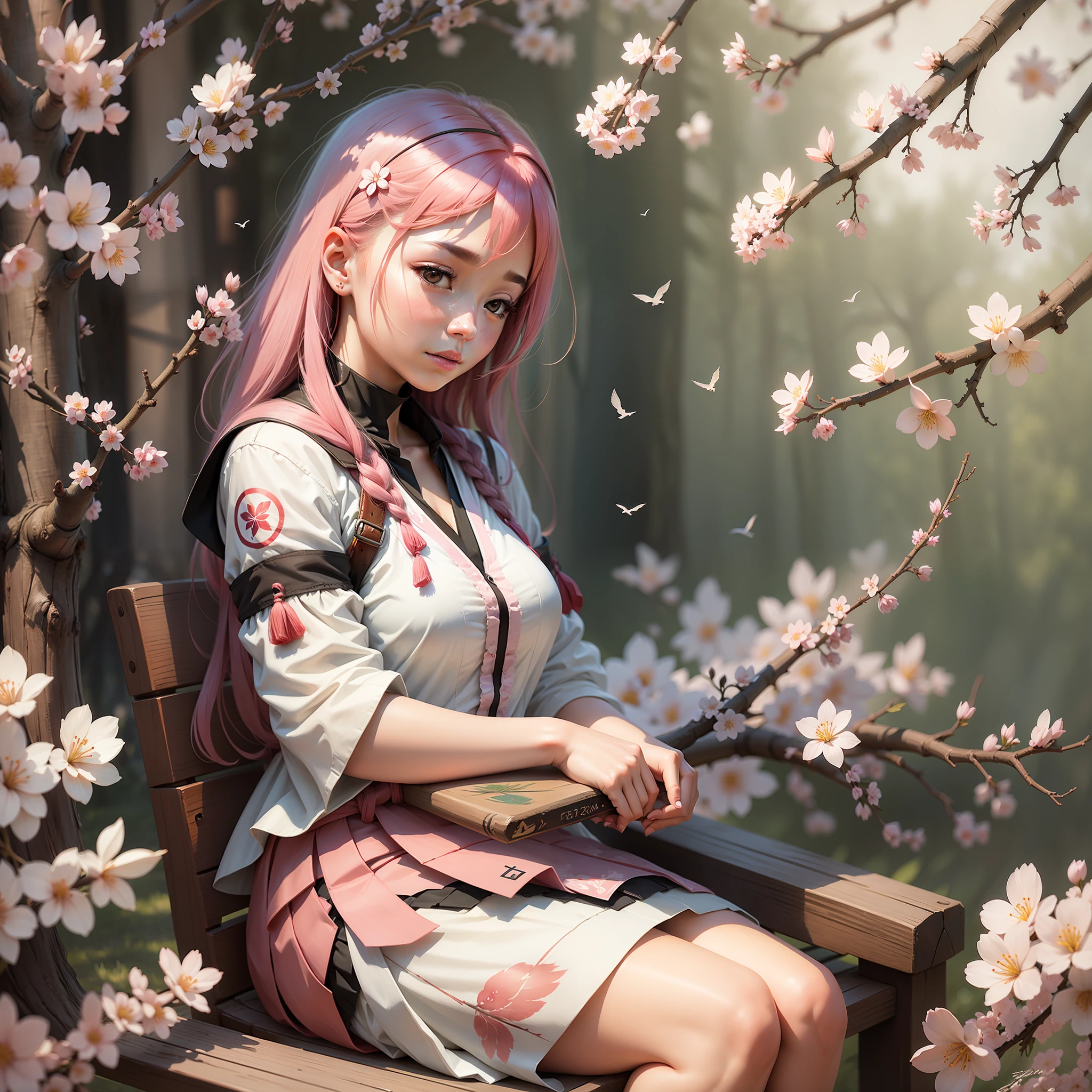woman, sakura, bird, drawing, single, texture --auto --s2