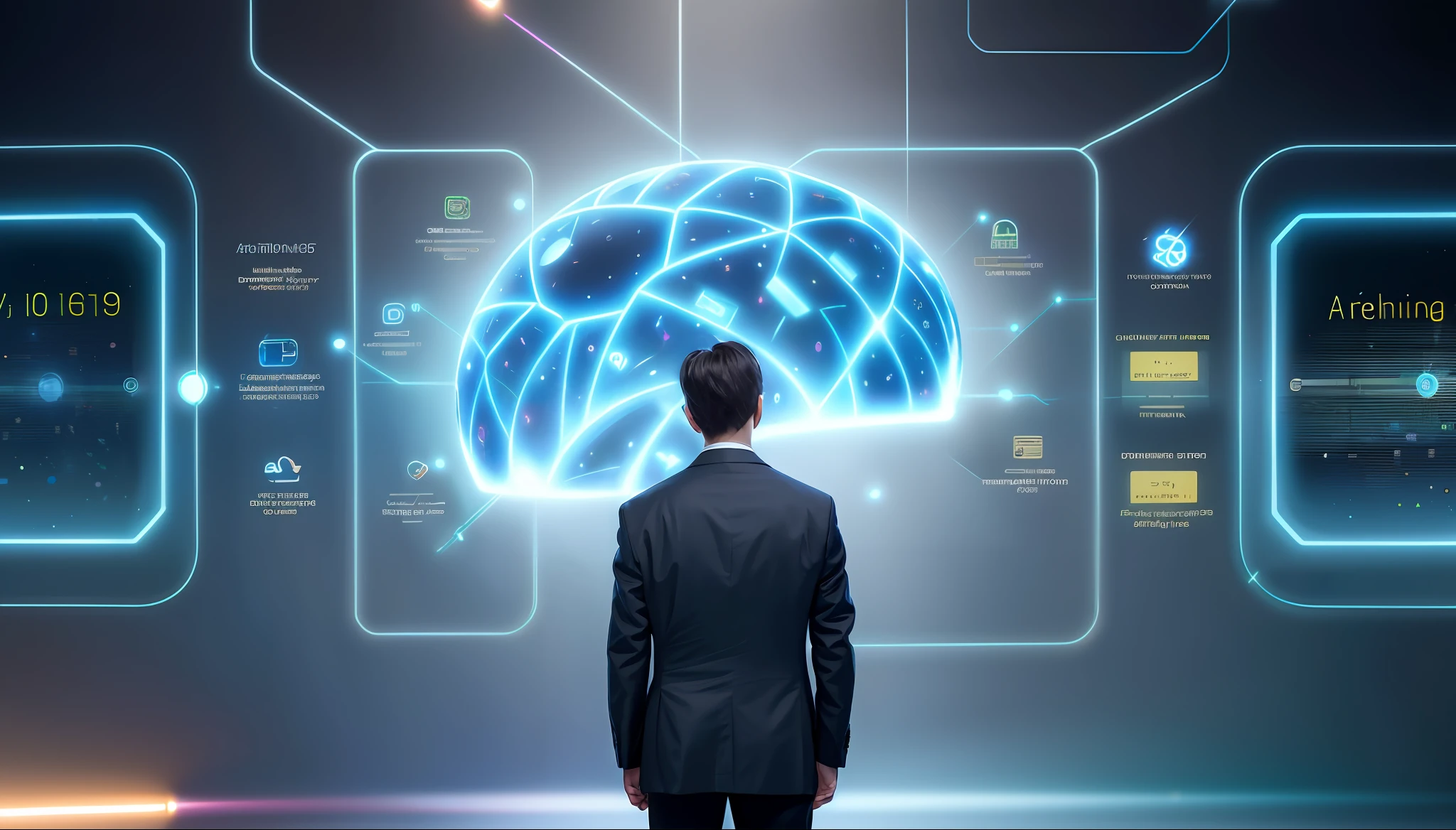 arafed man in a suit standing in front of a futuristic interface, strong artificial intelligence, ai researcher, artificial intelligence, endless collaboration with ai, artificial intelligence machine, the coming ai singularity, ai producing the realist, brain interface, brain connected to computer, augmented cyborg, artificial intelligence!!, a cpu with human brains, brain computer interface
