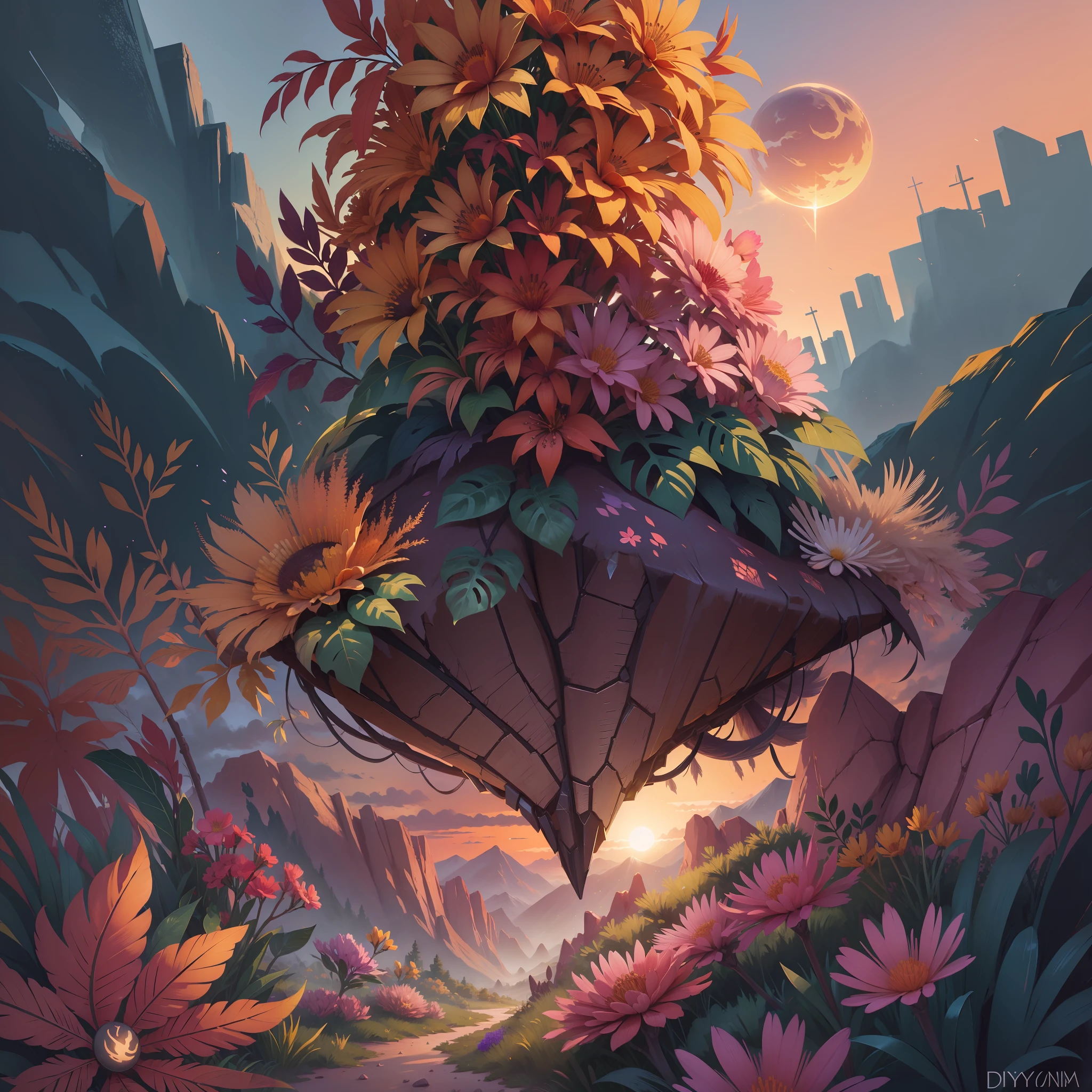 Phoenix, Skyrim. Sunset. Horizontal planes, crystals, flowers and plants