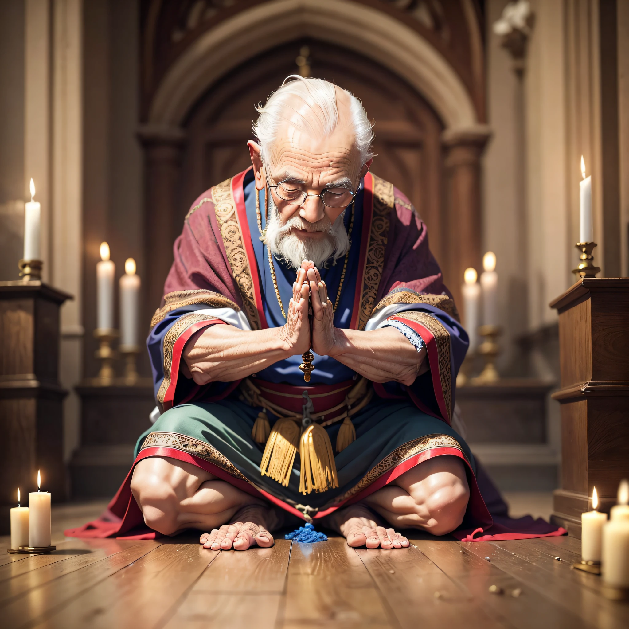 an elderly man, aged 80 years, praying on his knees, altar and candle --auto --s2