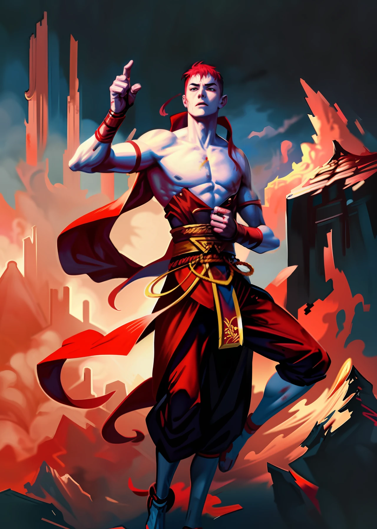 Illustration, martial arts, fighting, blood, passion, male to male, in the universe, weapon parting hook
