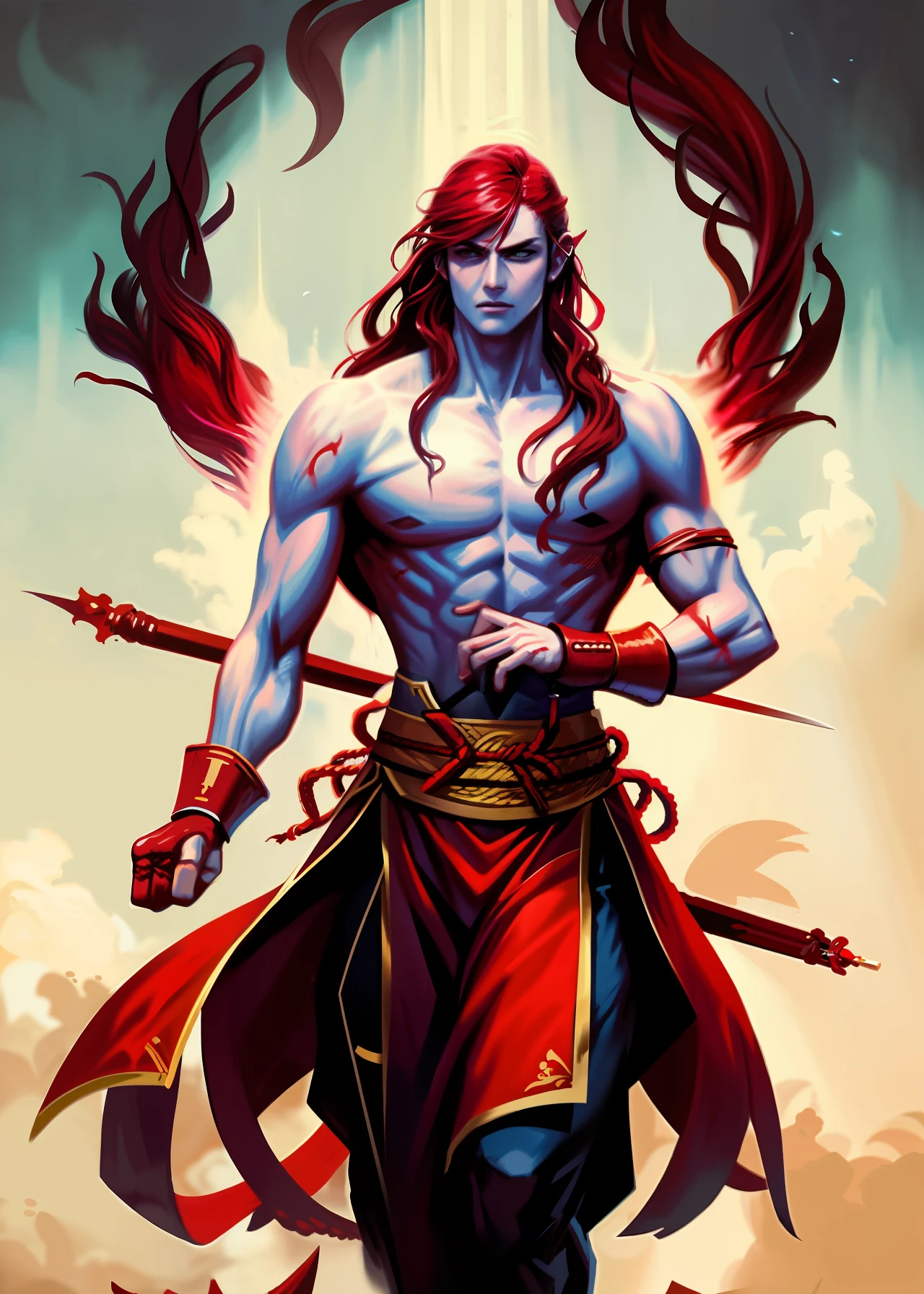 Illustration, martial arts, fighting, blood, passion, male to male, in the universe, weapon parting hook