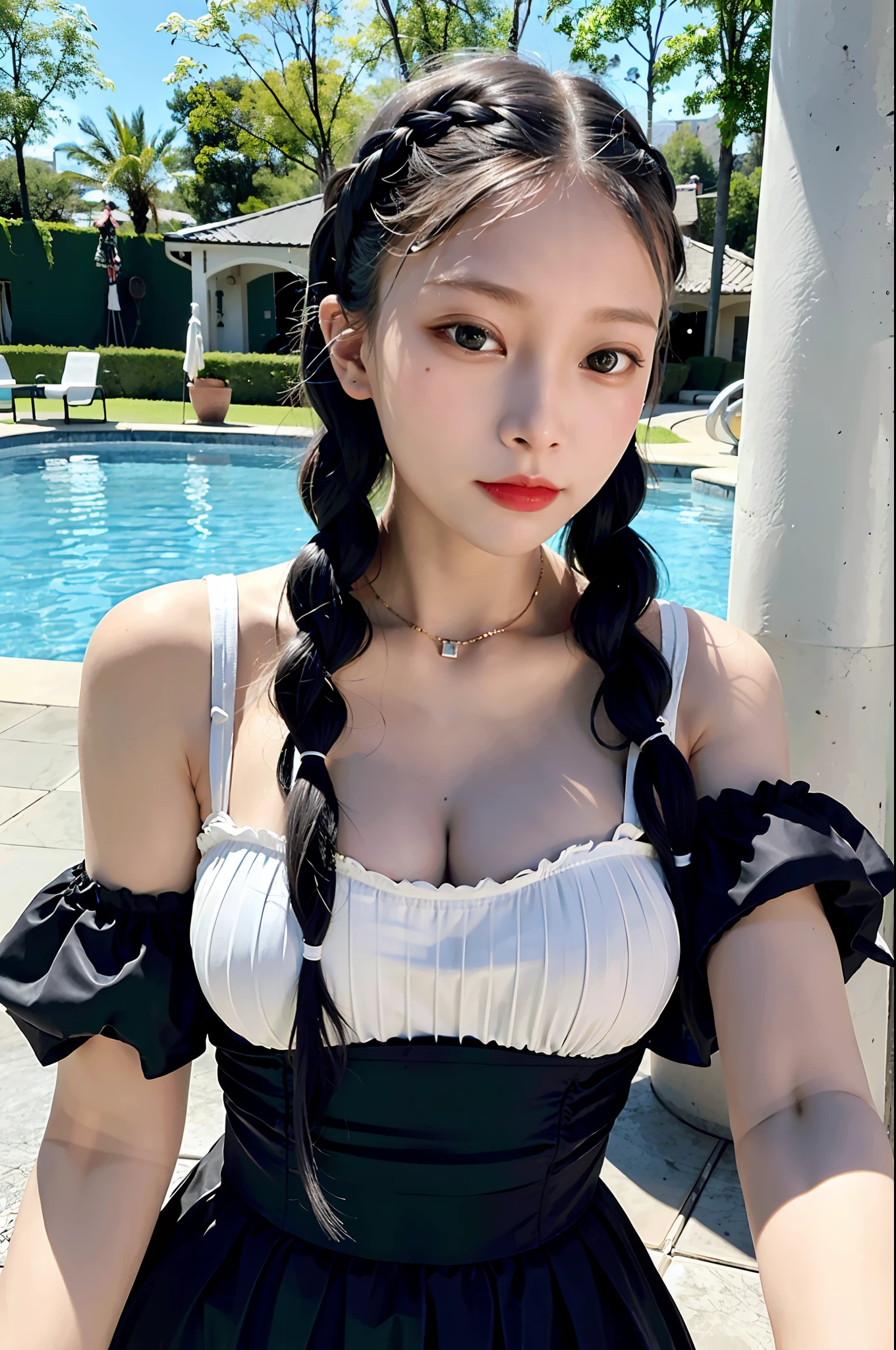 best quality, ultra hi res, photoreaslistic, a photography of a beautiful woman, 20yo age, detailed face, black Dutch braids with twists, (detailed porcelain doll,delicate clothes with a lot of frills and ribbons), Mansion pool, (face close up), seductive look, looking at viewer