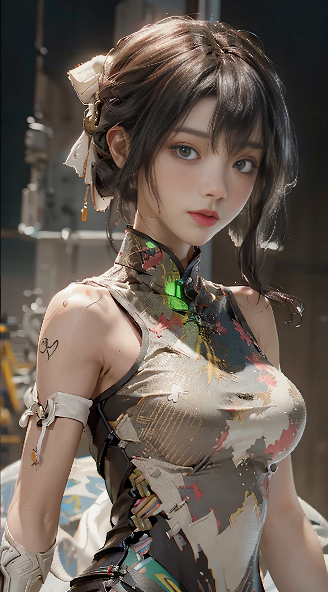 ((Best Quality)), ((Masterpiece)), (Details: 1.4), 3D, HDR (High Dynamic Range), Backlit, Battle-Damaged Maiden, A Girl in a Cheongsam Girl Who Looks Like She Came Out of Antiquity, But She Is Full of Cyberpunk Elements. Her expression was fierce, her eyes seemed to have endless anger, and the different degrees of scars and knife cuts all over her body made people feel awe. Large aperture, ray tracing, NVIDIA RTX, Super-Resolution, Unreal 5, Subsurface scattering, PBR textures, post-processing, anisotropic filtering, depth of field, maximum sharpness and sharpness, multi-layered textures, albedo and highlight maps, surface shading, accurate simulation of light-material interactions, perfect proportions, Octane Render, two-color light, large aperture, low ISO, white balance, rule of thirds, 8K RAW,