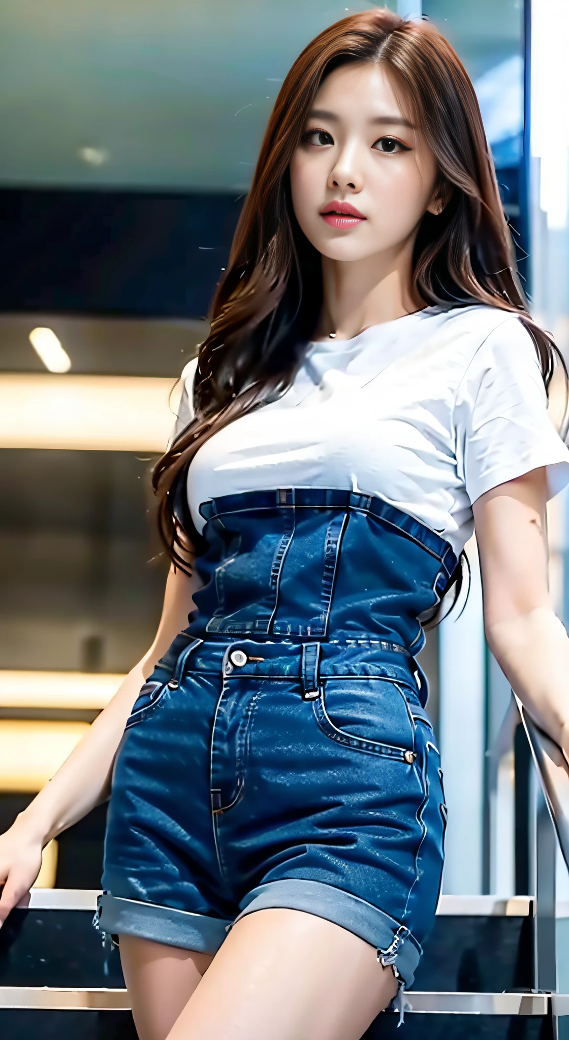 [Person, Perfect Figure: 0.96, Big Breasts: 1.65, Brown Hair: 0.6, Female: 0.65, Slim Face: 1.12, Star Face: 0.61, Medium Long Hair, Thin Waist: 1.2], [Background in Mall, Standing, Indoors, Background Escalator, Background Shelf, Soft Light], [White T-Shirt: 1.1], [175mm, Realistic Lighting: 0.65, Clear Focus: 1.1, Heads-Up], ([Ultra HD, Retina Screen, Masterpiece, Accurate, Anatomically correct: 1.2, Skin texture: 0.65, Very detailed: 1.3, Detailed face: 1.2, High detail: 1.2, High quality, Best quality, High resolution, 8k, wallpaper])