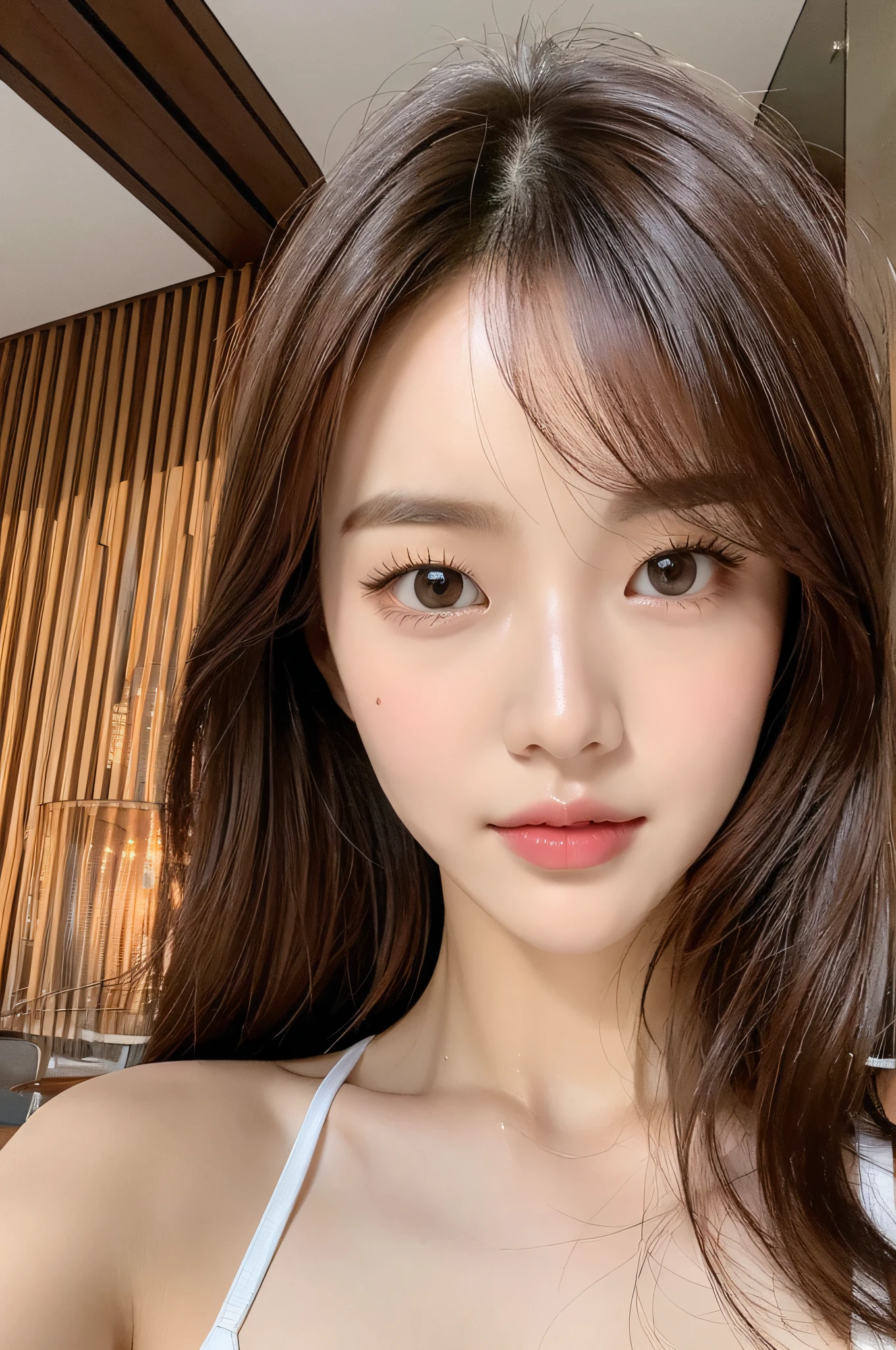 sonyoonjoo, 1girl, solo, realistic,:1.6, (masterpiece, pretty people,), detailed skin texture, beautifully detailed face, masterpiece, collarbone, swimsuit. Luxury hotel background