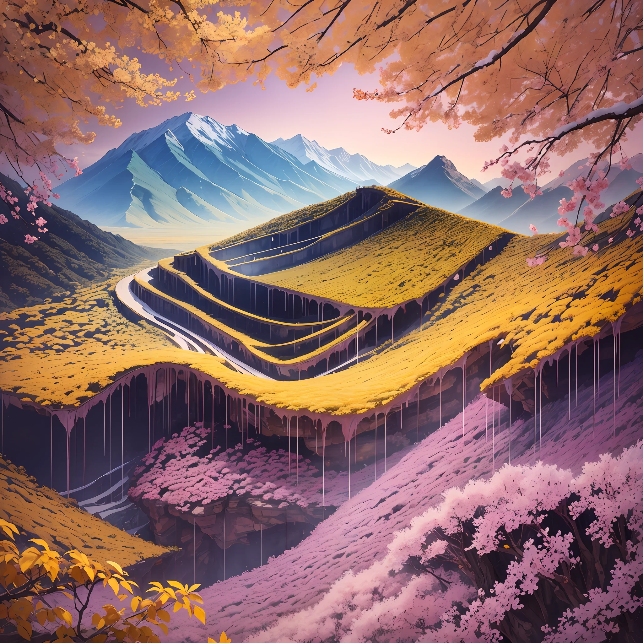 Paint a picture in detail, showing blue mountains, snowy plateaus, and the breath of the sun. There is a faint smoke in the blur, plum blossoms in the dye, and the rain falls lightly, and is decorated with yellow leaves. --auto --s2