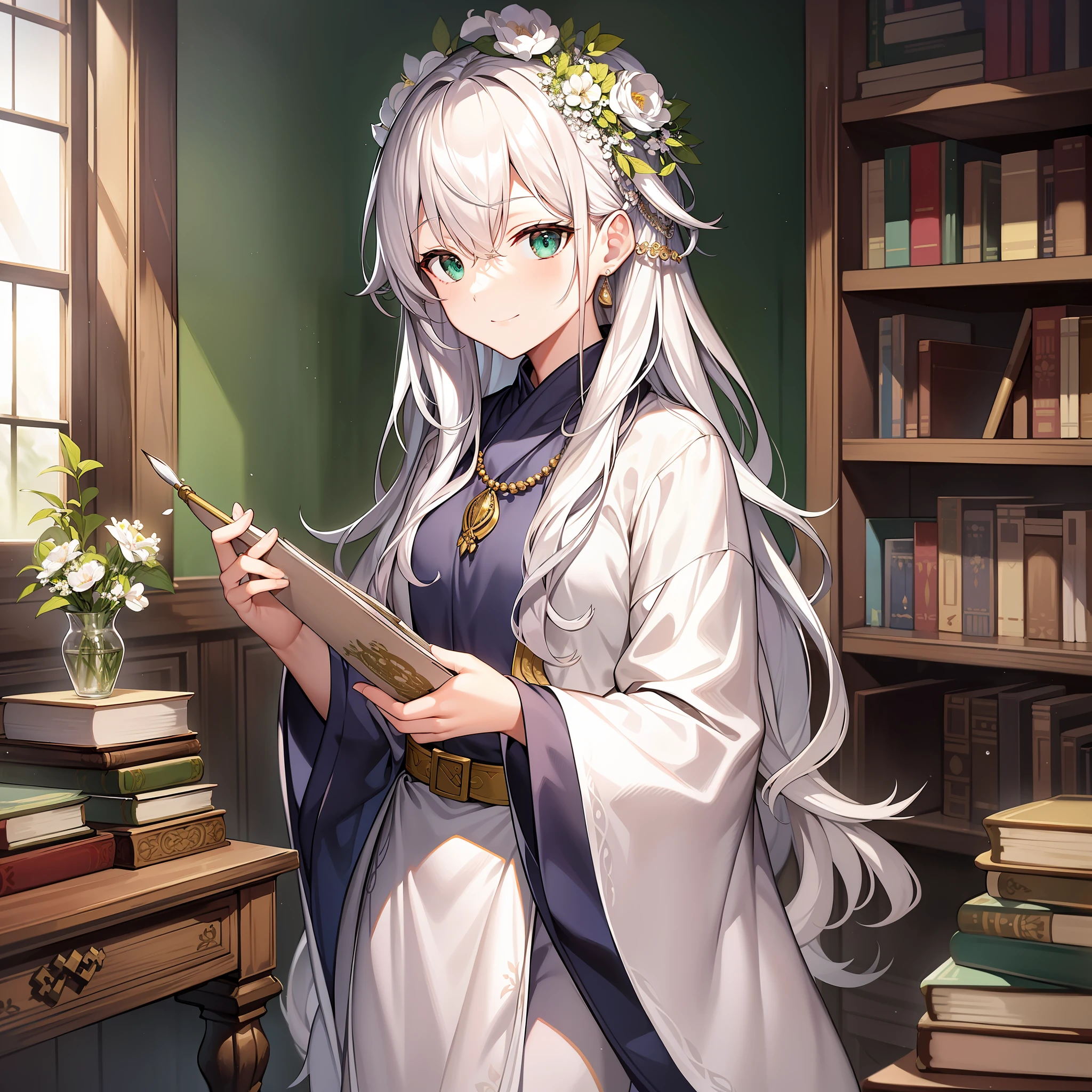 Character expressions: gentle, attentive, bright eyes
Hairstyle and color: Long silver-white hair is loose and slightly curly
Clothing style and color: wearing a pale green robe with a fresh petal pattern and a white belt around the waist.
Accessories on the figure: a small phoenix headdress on his head, a silver necklace around his neck, and small emerald earrings on his ears
Character pose: immersed in calligraphy, holding the brush in the right hand and flicking the pages with the left hand, focused and happy.
The environment: a clean and elegant study with a few ancient books on the table, the blue of distant mountains outside the window, white clouds dotted, and occasional birds circling.
Atmosphere: serene and laid-back
Environmental characteristics: the study exudes a faint earthy atmosphere, the fragrance of books is overflowing, and there are several inky calligraphy and paintings hanging on the wall.
Ambient time: noon
Note: This female emperor exudes a fresh and refined temperament, and her wise eyes and friendly smile make people feel very comfortable. She loves calligraphy and literature and is fascinated by the fragrance of books. Standing in the study, it seems that the whole world is quiet and comfortable, and despite the noise and noise outside, she can concentrate on the things she likes.