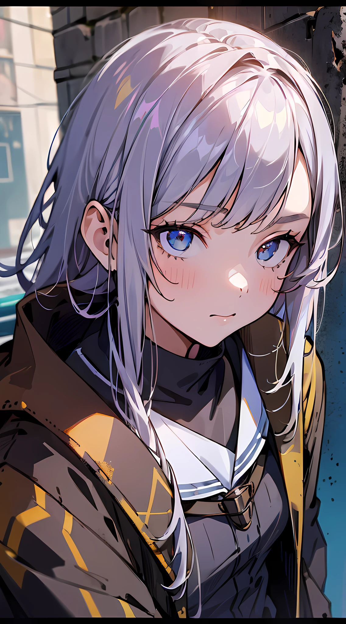 (1girl, upper body:1.4), masterpiece, best quality, 8k, absurdres, beautiful face, flight jaket, perspective, depth of field, from above, metal signs, street, buildings, damaged wall paint, dirty and cracked concrete wall, cables, dusty, slender, HDR, (bleach bypass, ginnokoshi:0.8), facelight, cinematic lighting, professional lighting, high contrast, sharp focus, highres, photography, hyperrealistic, ultra detailed, sharp details, finely detail