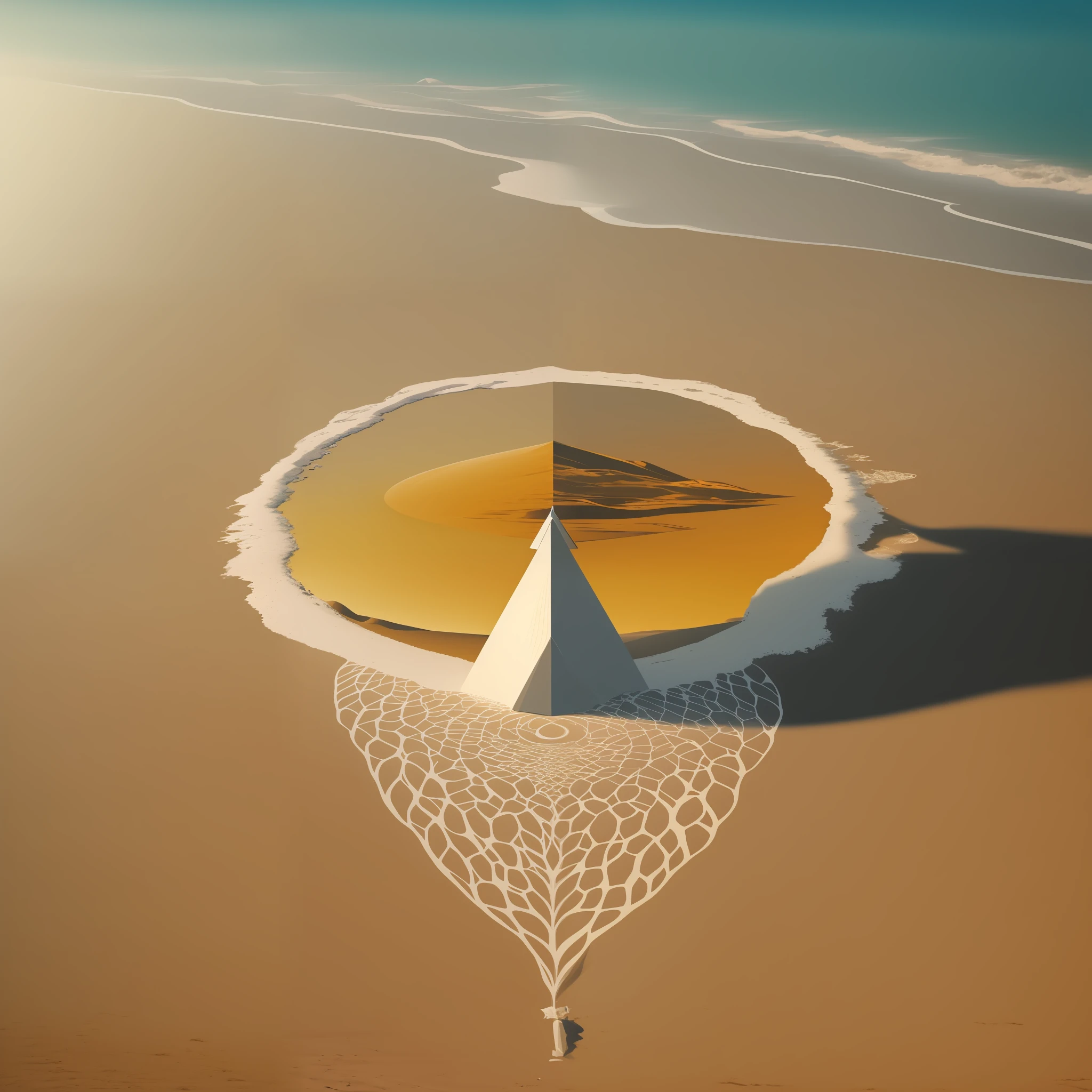 Image of Alphad sitting on white sand beach with a bird wearing a golden kingdom on his head, Milky Way, dissolved, desolate, isolated:: long shot, desolate. digital illustration, contempt, dissociation, diffusion, illustration daily deviation, minimalism, minimalism, album cover, album cover! , distortion, desolate :