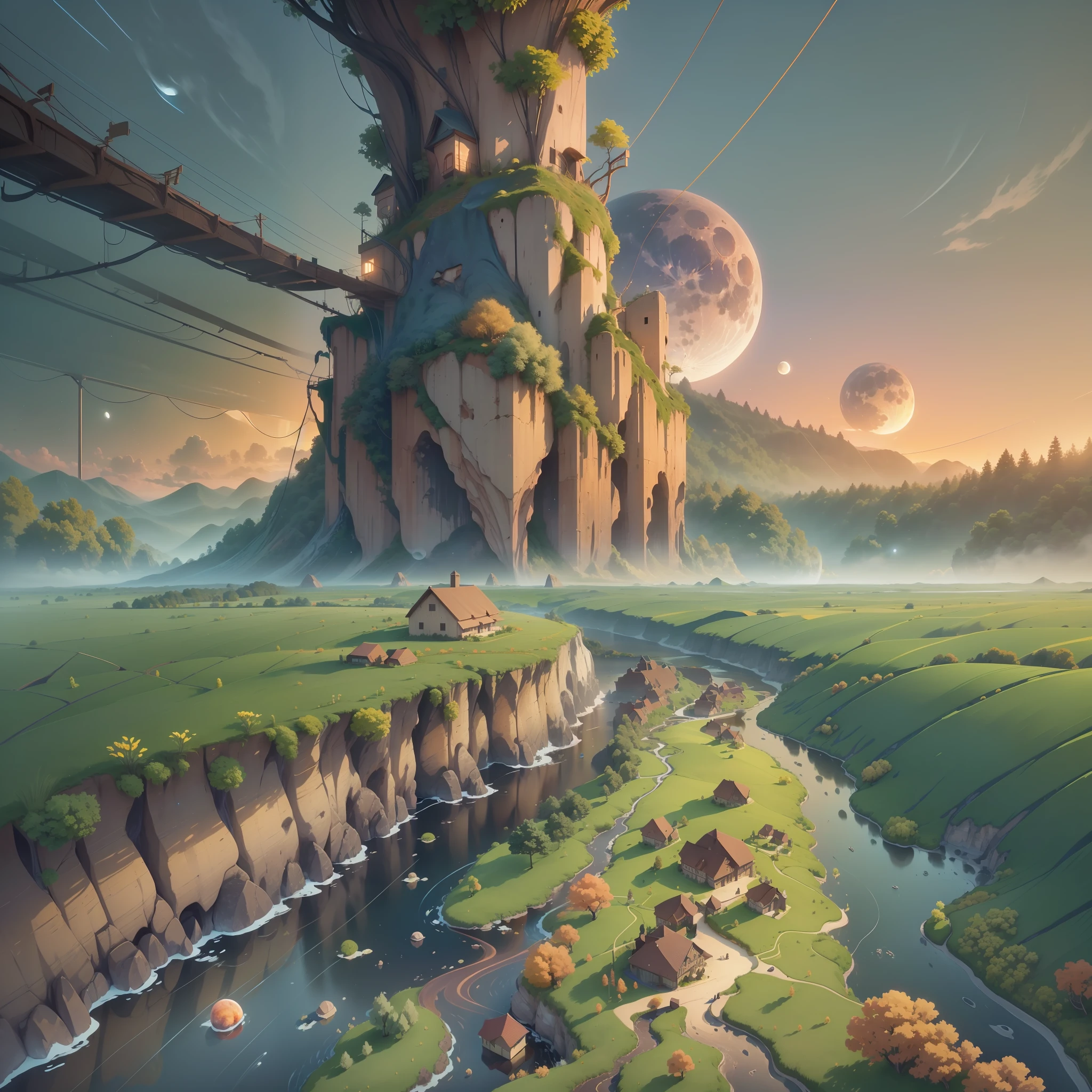 Image generation in a stable diffusion environment using the following optimized Prompt language types: (ultra-detailed CG image, best quality, plain fields, rivers in the water, falling sunset, looming mist, curved string moon rising, cool glow in the blue sky)