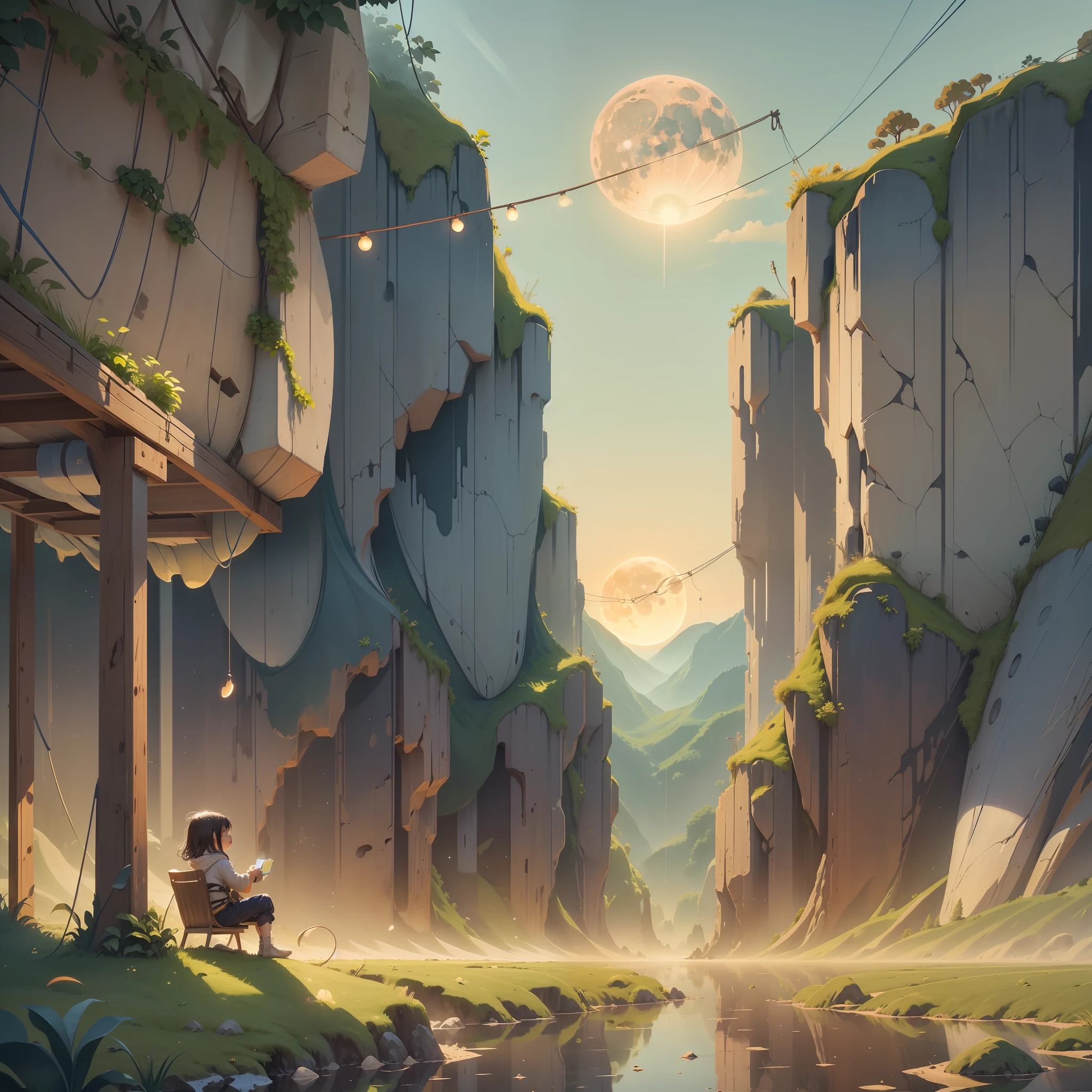 Image generation in a stable diffusion environment using the following optimized Prompt language types: (ultra-detailed CG image, best quality, plain fields, rivers in the water, falling sunset, looming mist, curved string moon rising, cool glow in the blue sky)