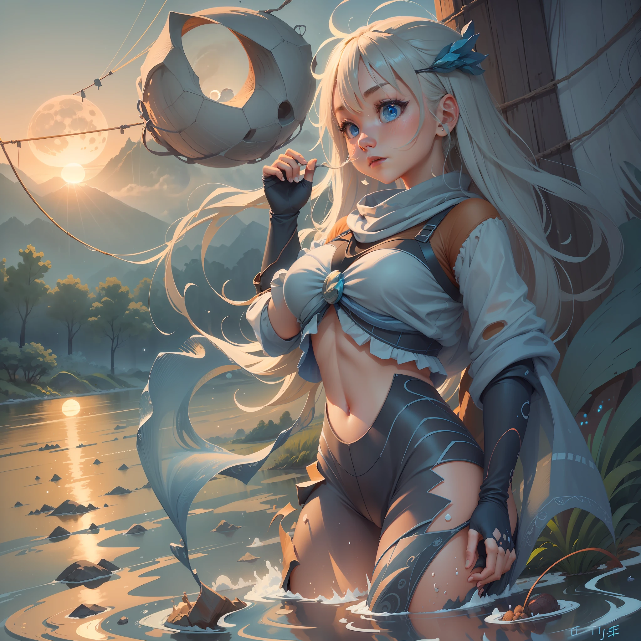 Image generation in a stable diffusion environment using the following optimized Prompt language types: (ultra-detailed CG image, best quality, plain fields, rivers in the water, falling sunset, looming mist, curved string moon rising, cool glow in the blue sky)