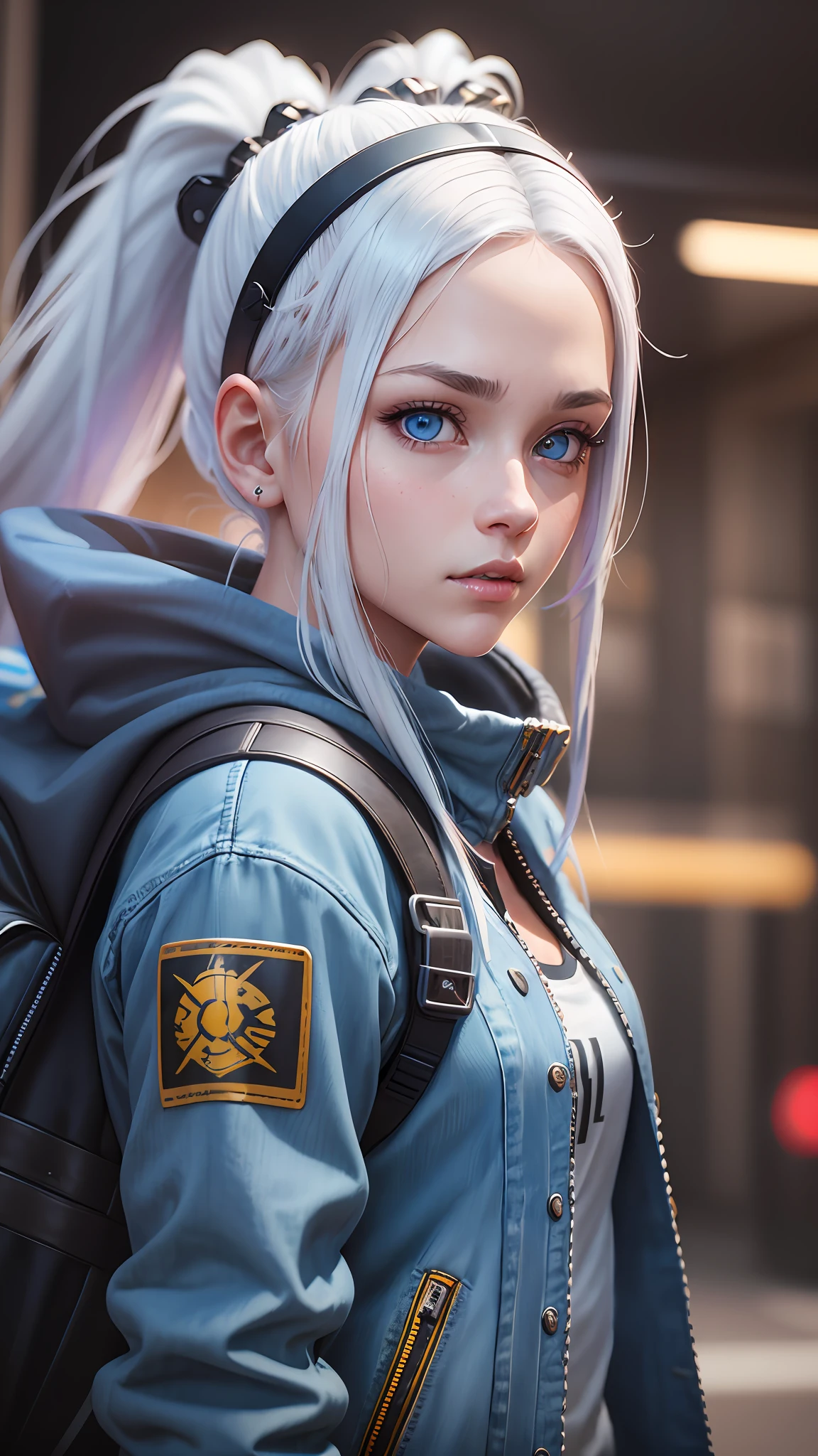 A cute young lady with white ponytailed hair, horn headband, wearing a dark denim jacket, a backpack with a katana, blue eyes, cyberpunk, subway, hyperrealism, photorealistic, 8k, unreal engine, 3d render --auto --s2
