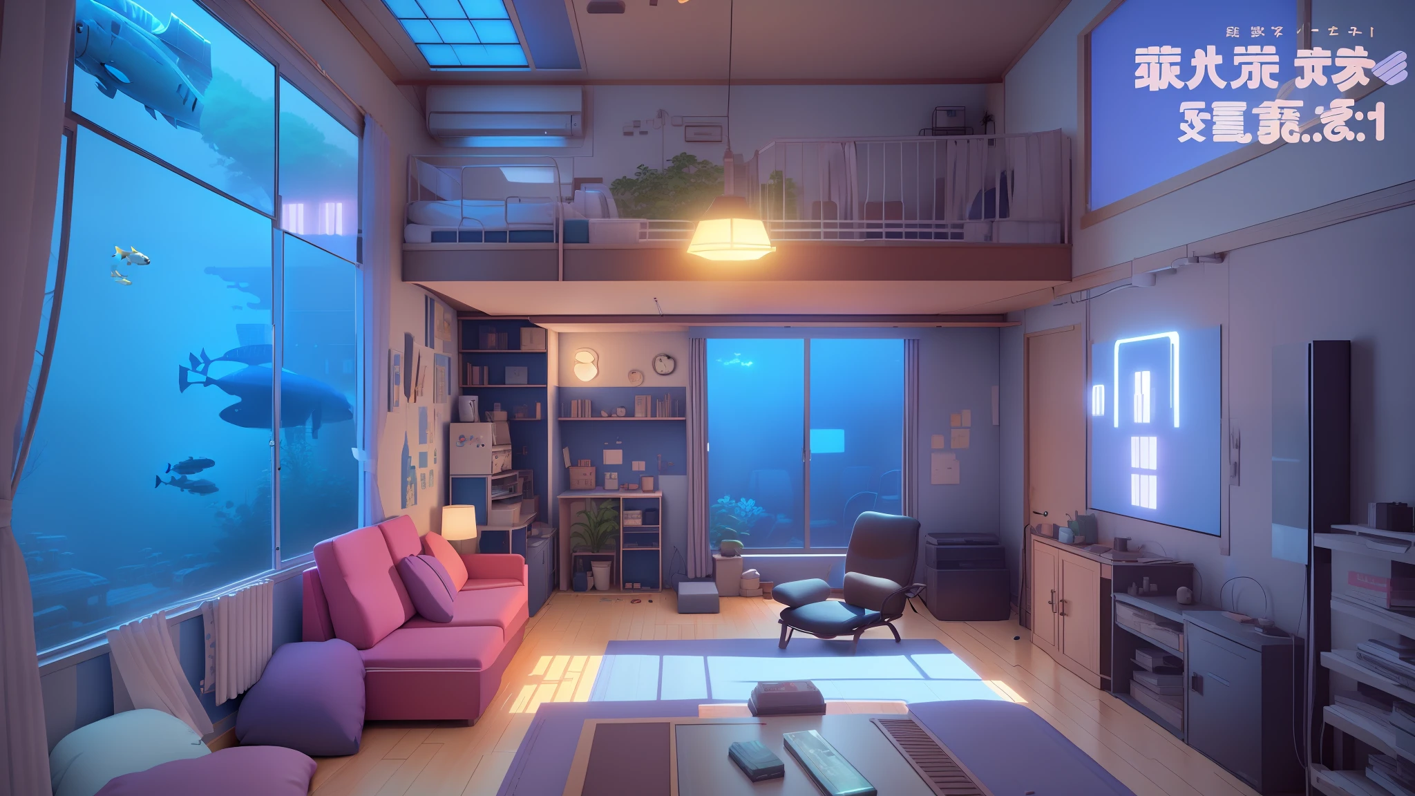 anime scene of a living room with a big fish tank, bedroom in studio ghibli, lofi artstyle, atey ghailan 8 k, inspired by Atey Ghailan, 3 d render beeple, indoor scene, personal room background, relaxing concept art, cozy home background, realistic anime 3 d style, in style of atey ghailan