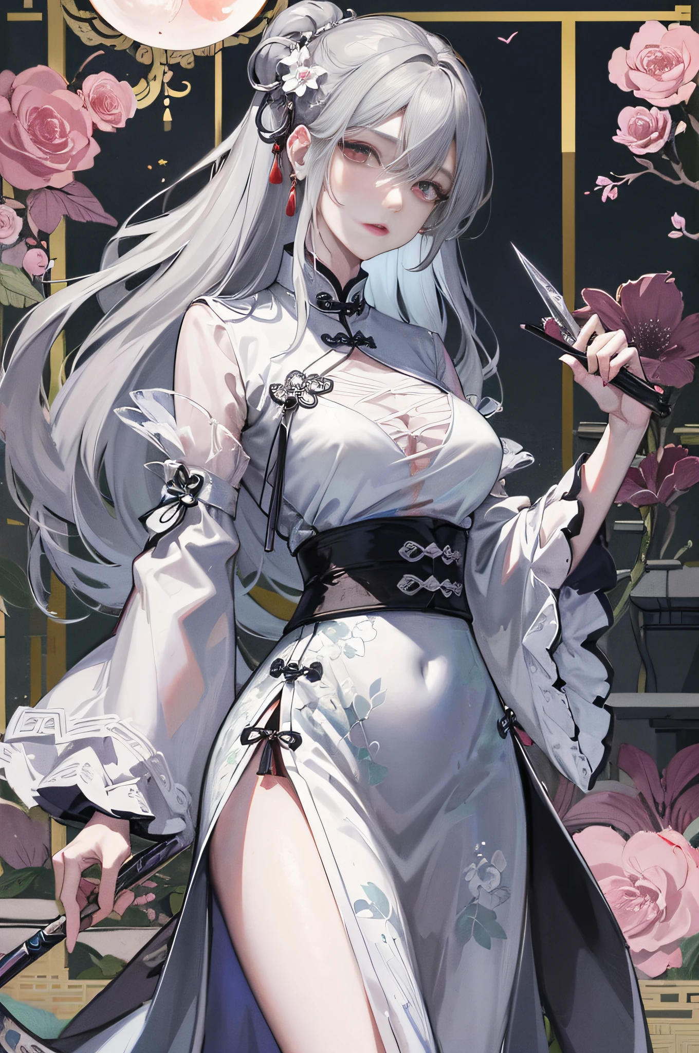 Masterpiece, Best, Night, Full Moon, 1 Female, Mature Woman, Chinese Style, Ancient China, Elder Sister, Royal Sister, Cold Face, Expressionless, Silver White Long Haired Woman, Pale Pink Lips, Calm, Intellectual, Three Belts, Gray Hitomi, assassin, dagger, flower ball background, street view