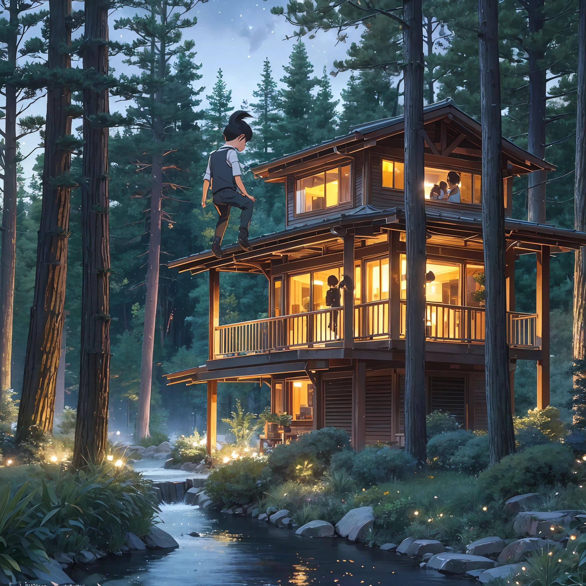 Masterpiece level, amazing style, deep love between father and daughter, elevated shot, the house is on the left side of the frame, the background is night, dark blue, starry sky, very elastic and creative, father wearing white vest and black pants smiling, hands Take the , the little girl black hair, the grass and fireflies cover the bottom of the picture, and the tall pine trees on the right form a forest. --auto --s2