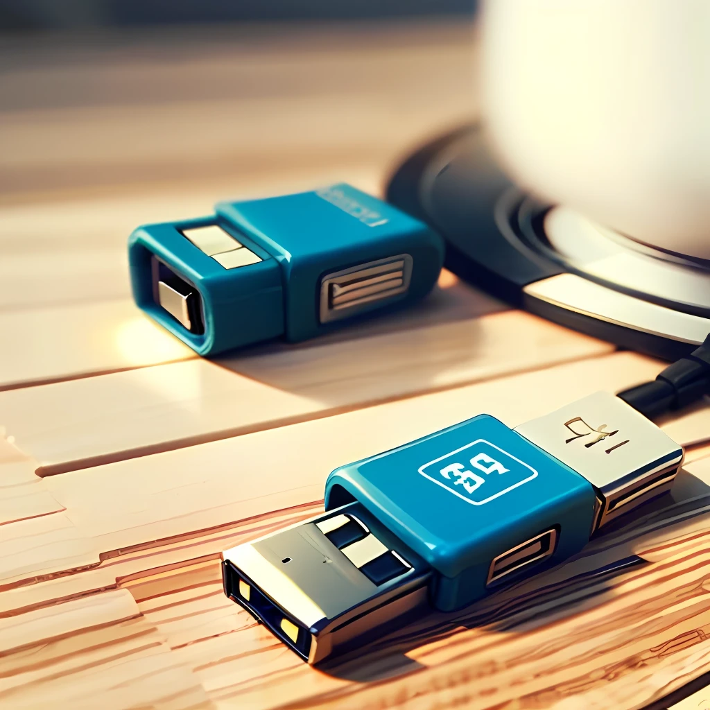 A USB flash drive on the table, give a close-up of the USB drive, with a little small decoration commonly used on the table around it, the overall bright style