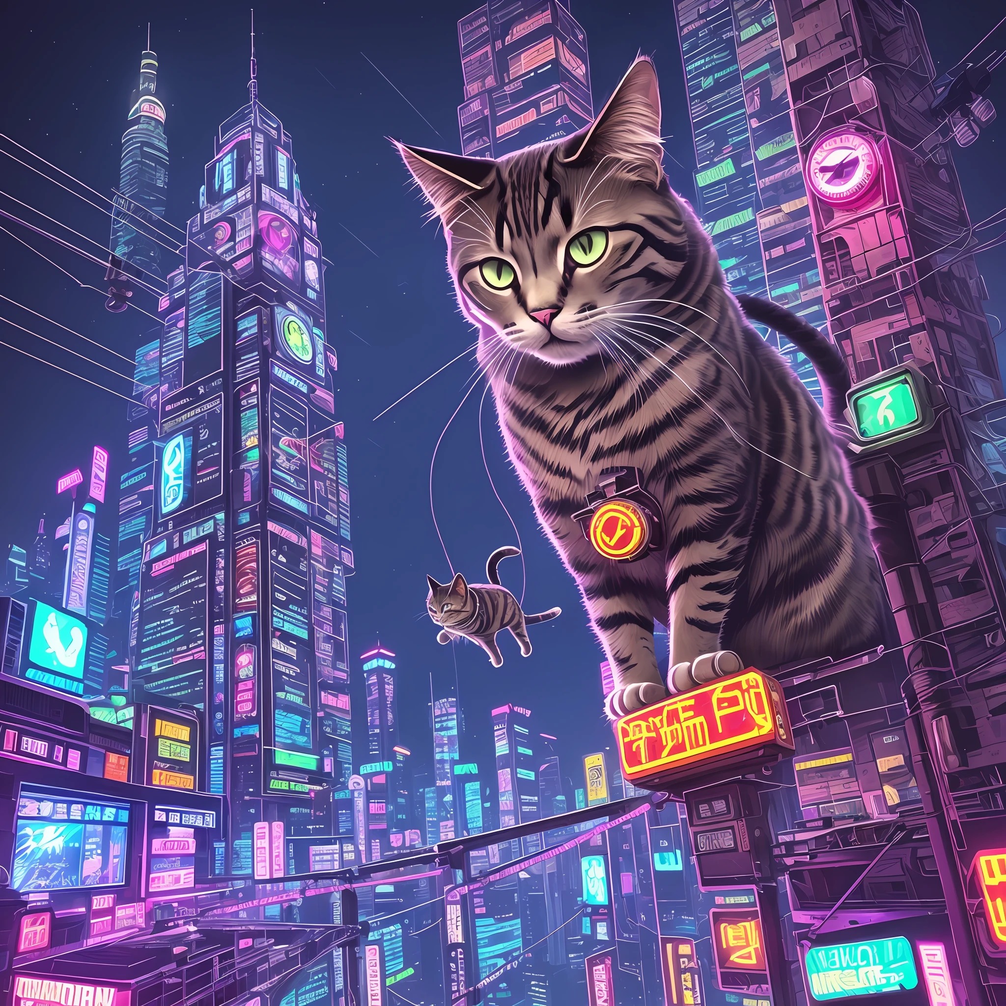 cyberpunk, cat in the air, top quality, neon, fish, night sky, cute, hamburger, munchkin, clock tower, illumination, airplane, quadruped --auto --s2