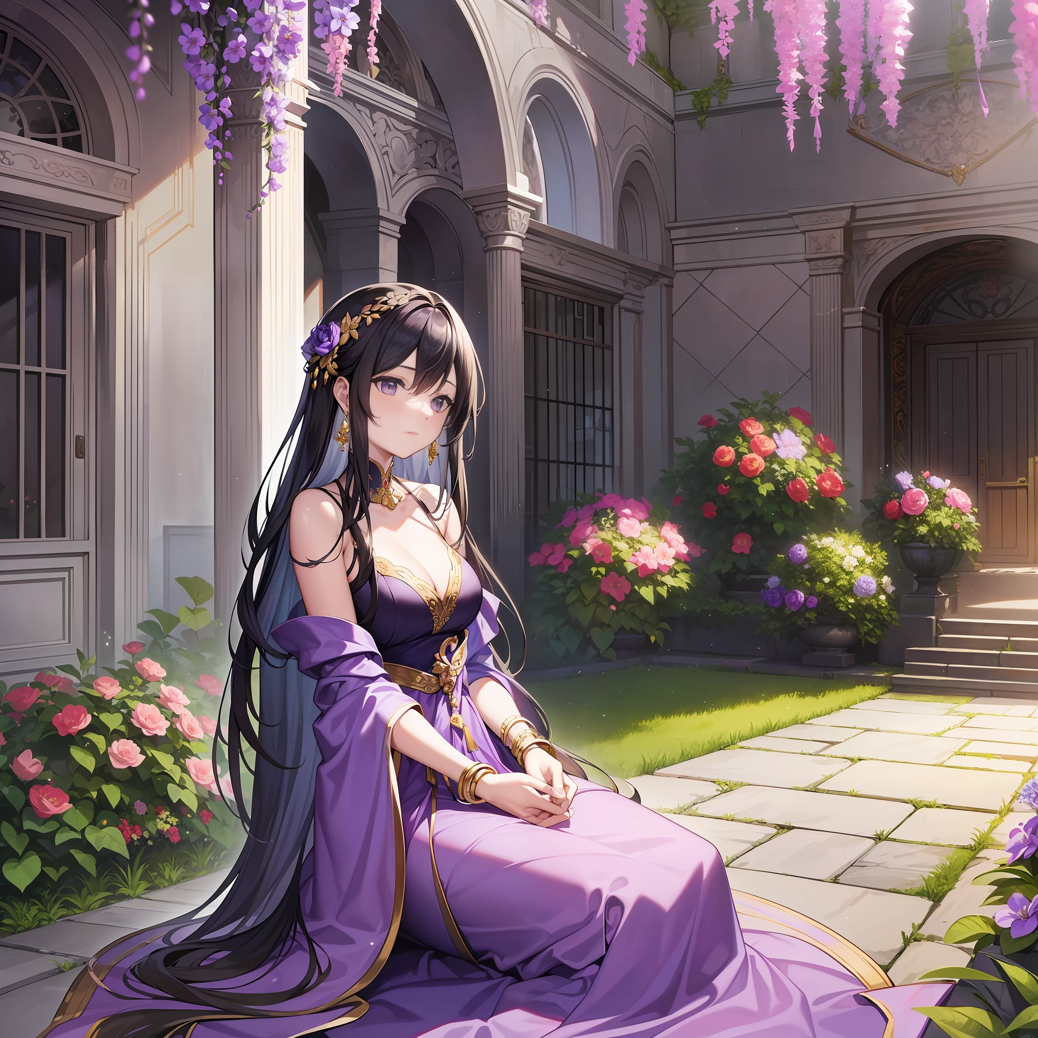 Character expressions: elegant, gentle, with some sadness in the eyes.
Hairstyle and color: Dark purple long straight hair, draped over the shoulders, looks very soft.
Clothing style and color: wearing a purple robe with flowing fringes, peony flower patterns depicted on the cuffs, and gold wire lining on the hem.
Accessories on the figures: Amethyst earrings on their faces, a glazed bracelet on their wrists, and silver rings on their tiny fingertips.
Character pose: Sitting quietly in the courtyard, holding a purple peony flower in his right hand, his left hand lightly supporting his knee, and his eyes softly looking into the distance.
The environment: a simple and beautiful courtyard, the environment is quiet and elegant, the whole courtyard is very elegantly arranged.
Atmosphere: quiet and comfortable
Environmental features: the fragrance of flowers fills the courtyard, the vines of wisteria flowers climb against the walls of the house, and a purple futon is laid on the green brick floor in front of the house
Ambient time: evening
Remarks: This female emperor is full of autumnal atmosphere. She is gentle, submissive, with a sense of sorrow in her bones, but full of confidence. She seems to be the owner of this courtyard, quiet, elegant and noble, which further highlights her dignity as a female emperor and the prosperity of the world.