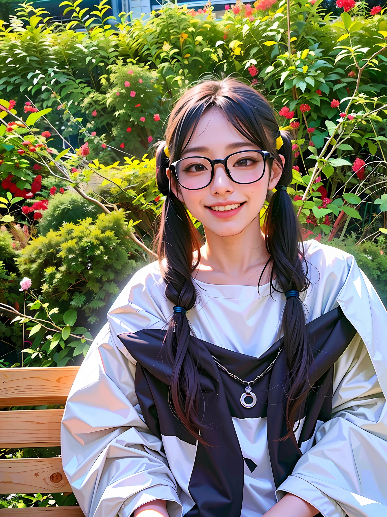 woman with long black hair sitting on a bench in front of a bush, li zixin, xintong chen, inspired by Kim Jeong-hui, inspired by Ma Yuanyu, with black pigtails, jaeyeon nam, pengzhen zhang, cute slightly nerdy smile, korean girl, wenfei ye, junko enoshima, yun ling, chiho, student